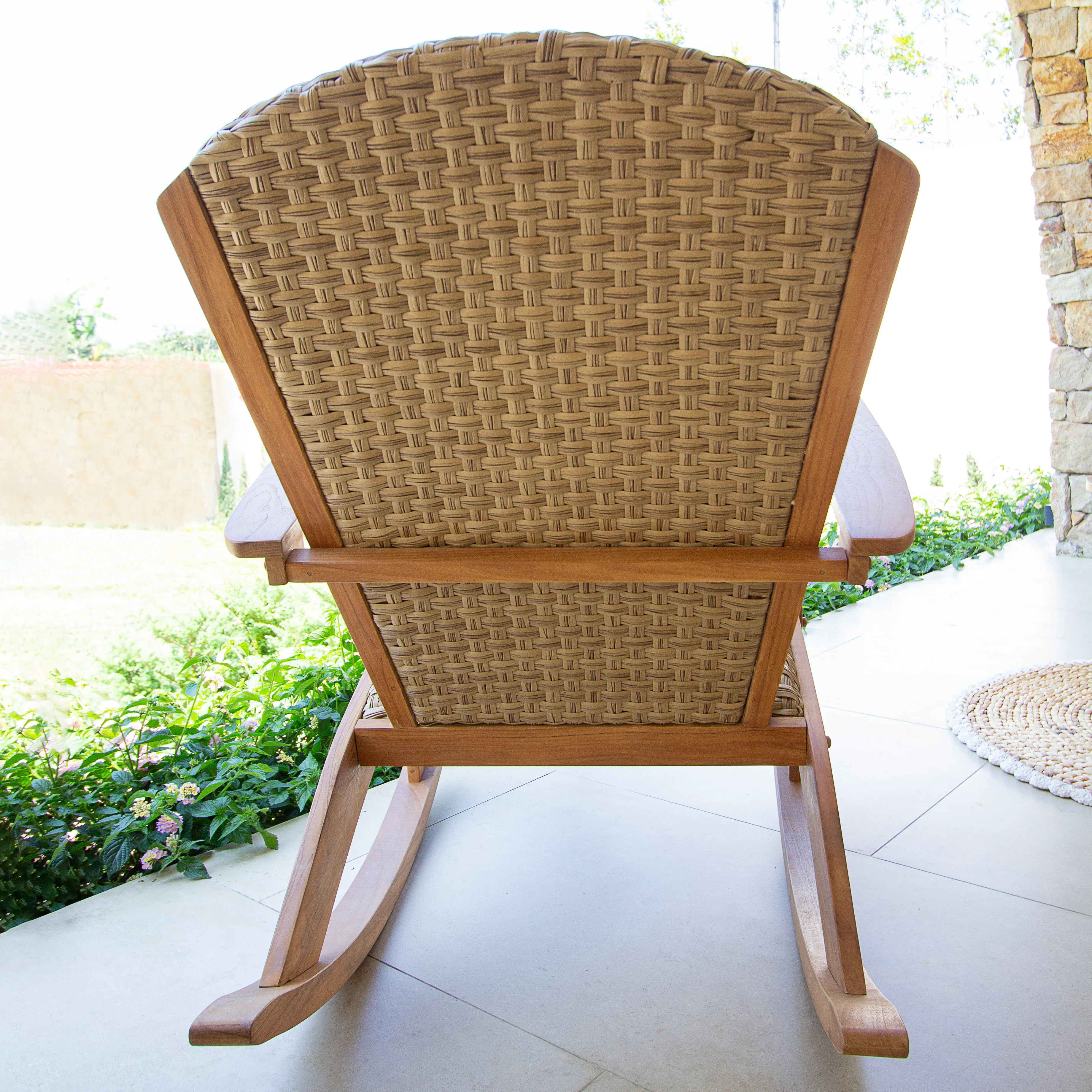 Camden Teak Wood 3 Piece Patio Rocker Conversation Set with Padded Woven Seat - Image 10