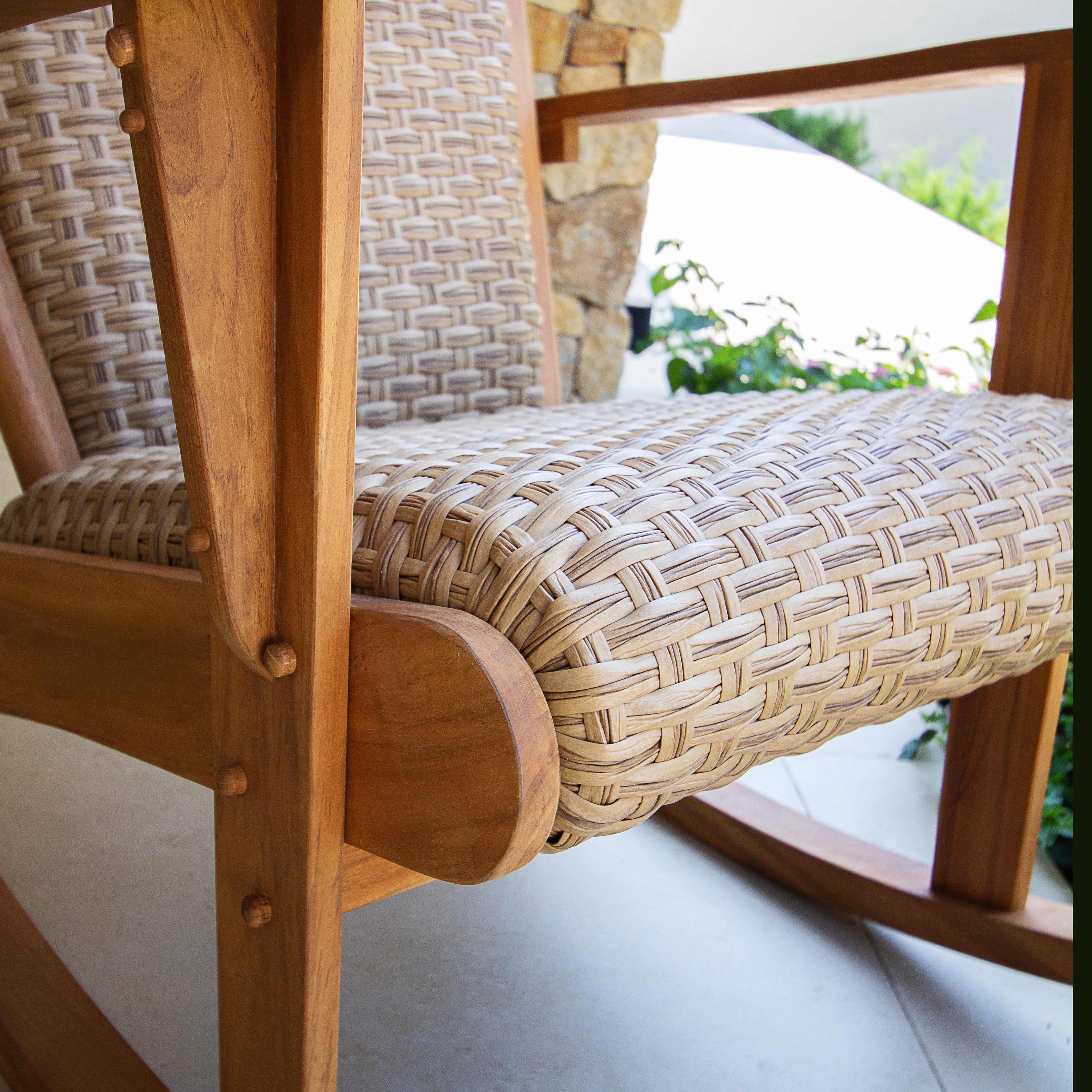 Camden Teak Wood 3 Piece Patio Rocker Conversation Set with Padded Woven Seat - Image 11