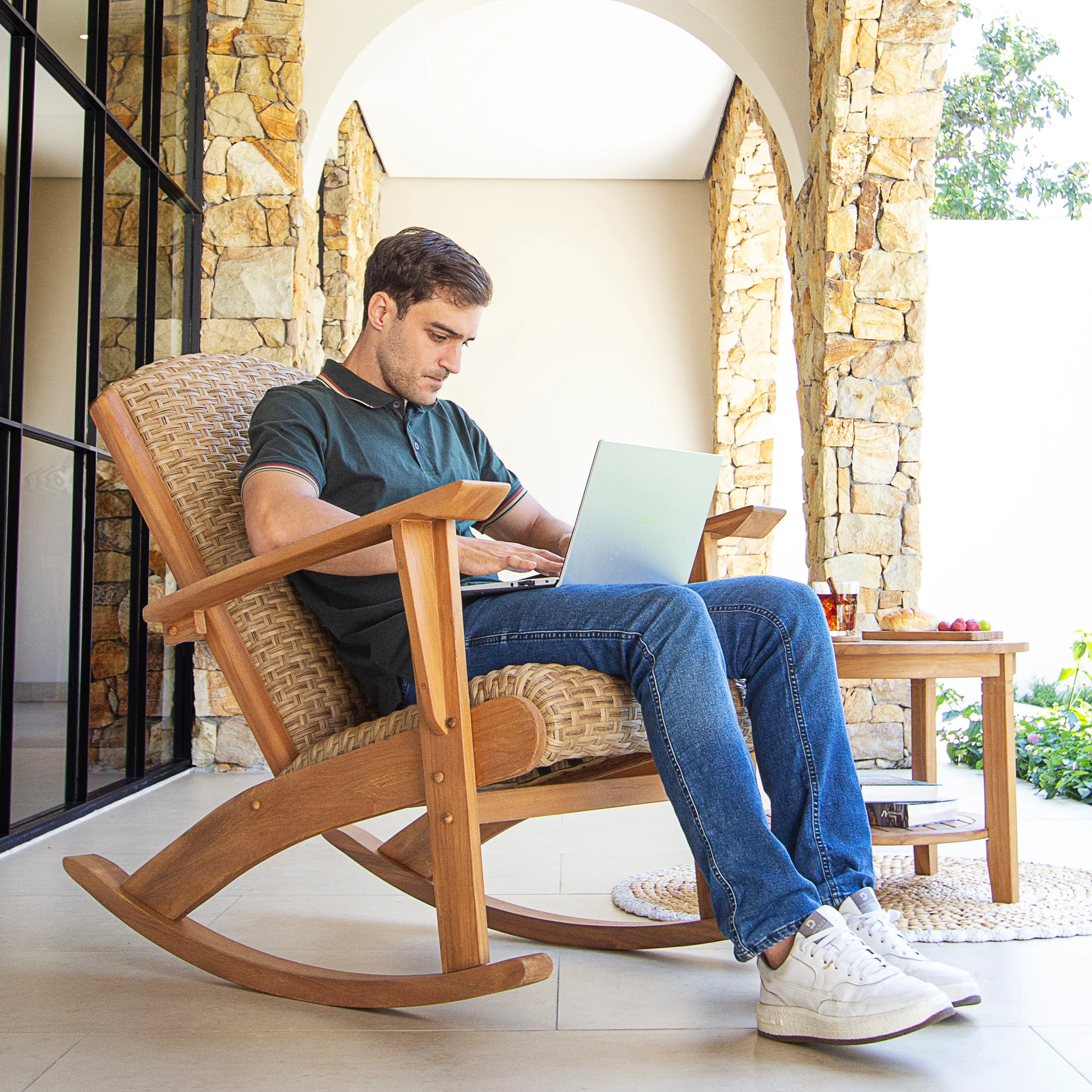 Camden Teak Wood 3 Piece Patio Rocker Conversation Set with Padded Woven Seat - Image 2
