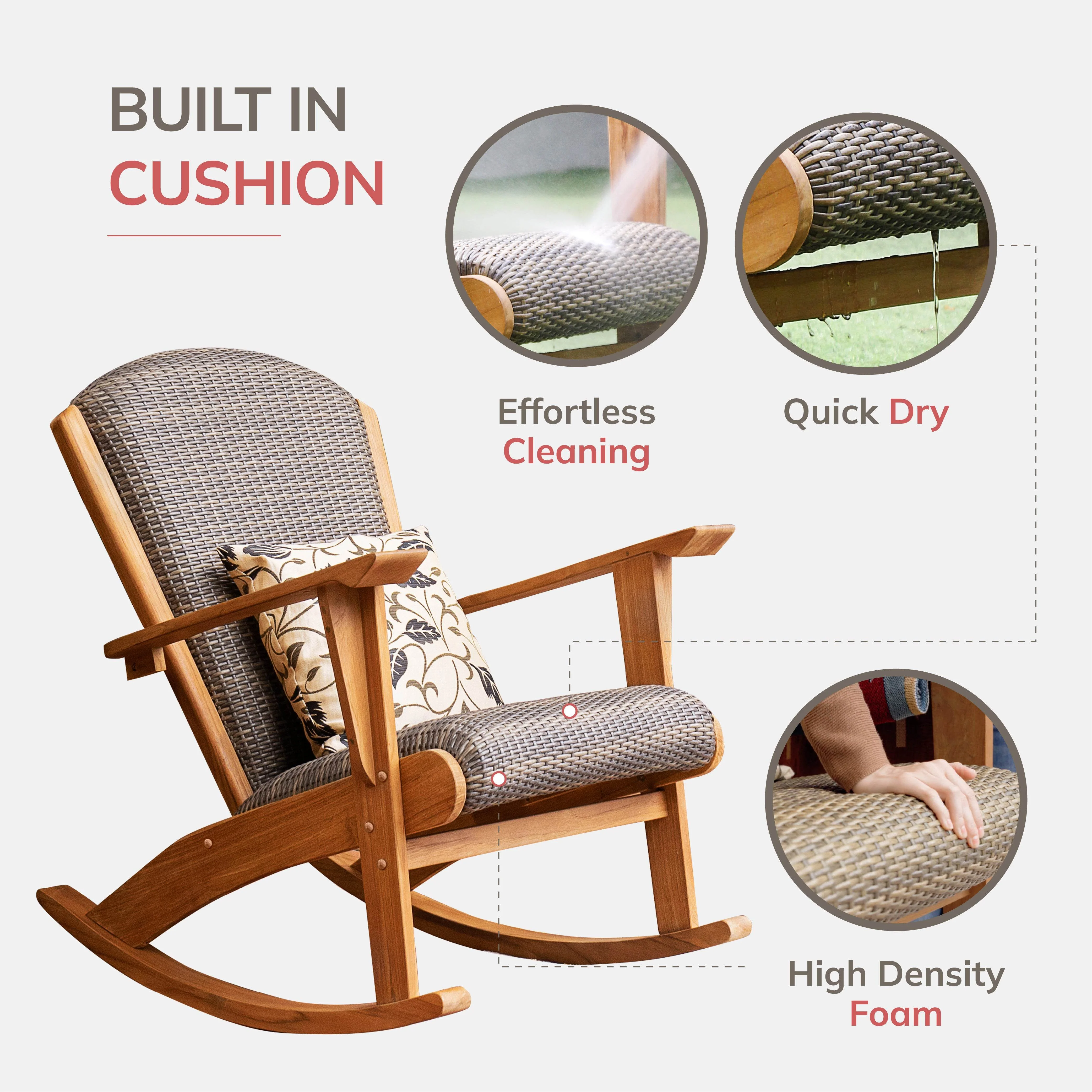Camden Teak Wood 3 Piece Patio Rocker Conversation Set with Padded Woven Seat - Image 6