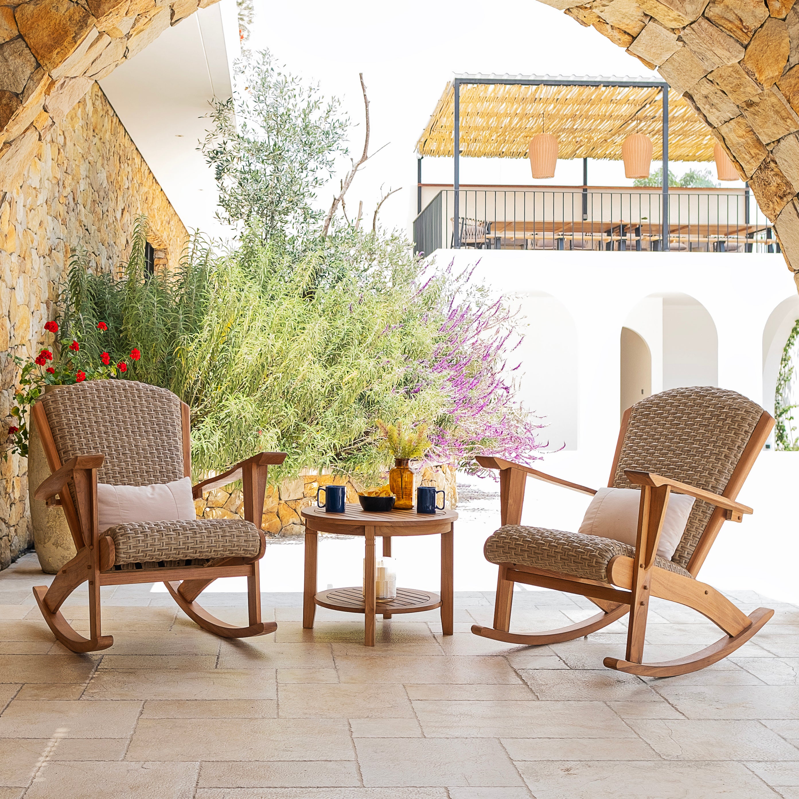 Camden Teak Wood 3 Piece Patio Rocker Conversation Set with Padded Woven Seat - Image 8