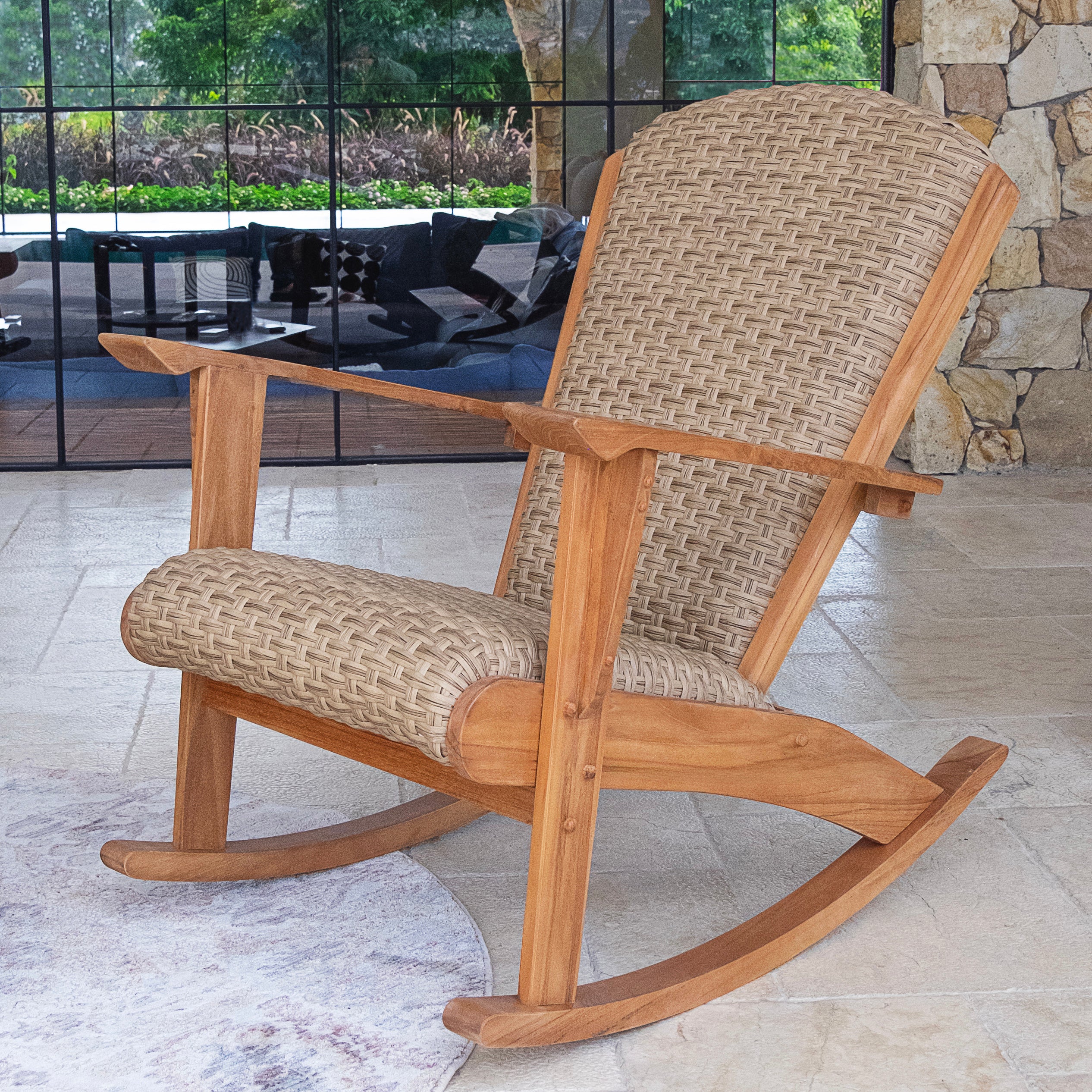 Camden Teak Wood 3 Piece Patio Rocker Conversation Set with Padded Woven Seat - Image 9
