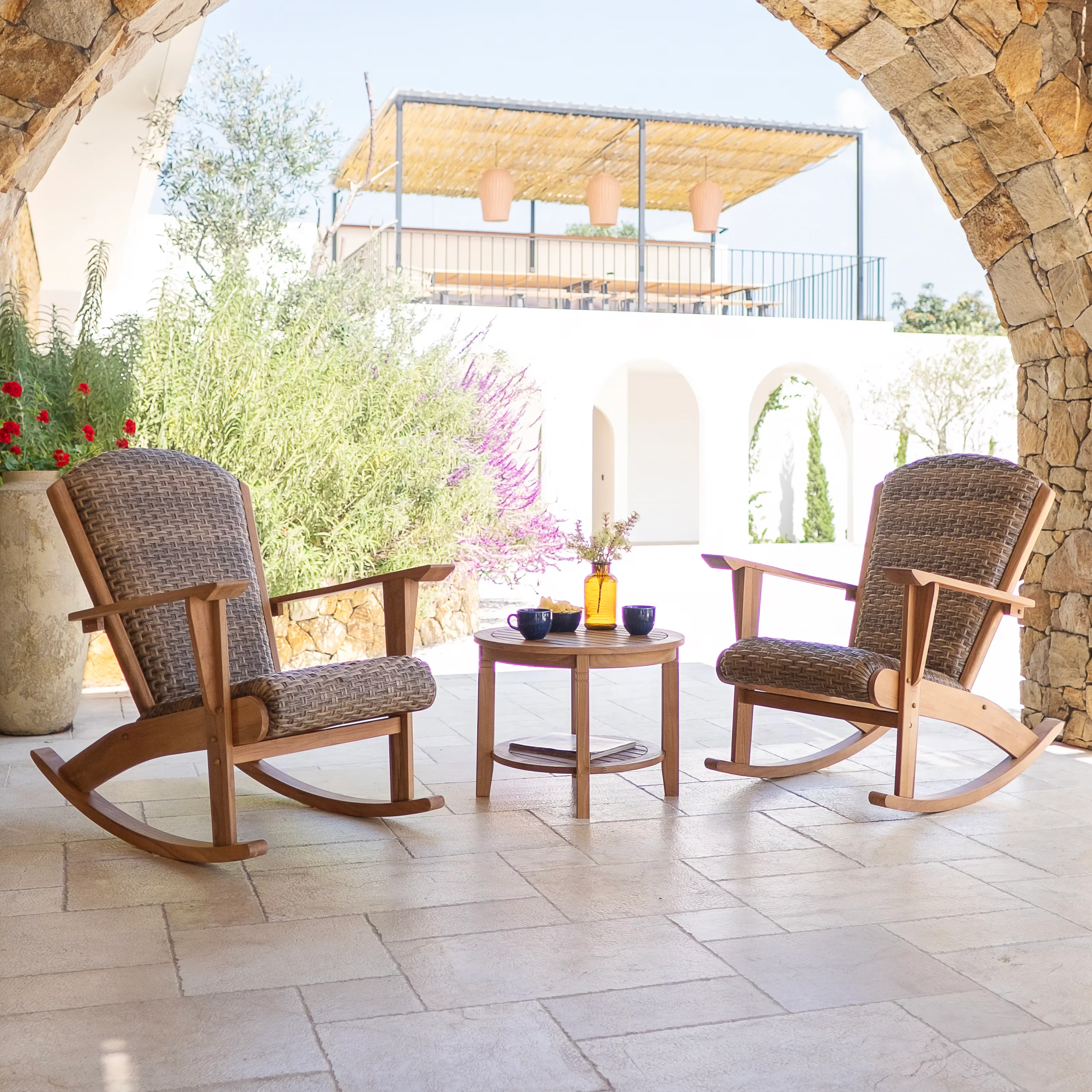 Camden Teak Wood 3 Piece Patio Rocking Chair with Padded Woven Seat - Image 2