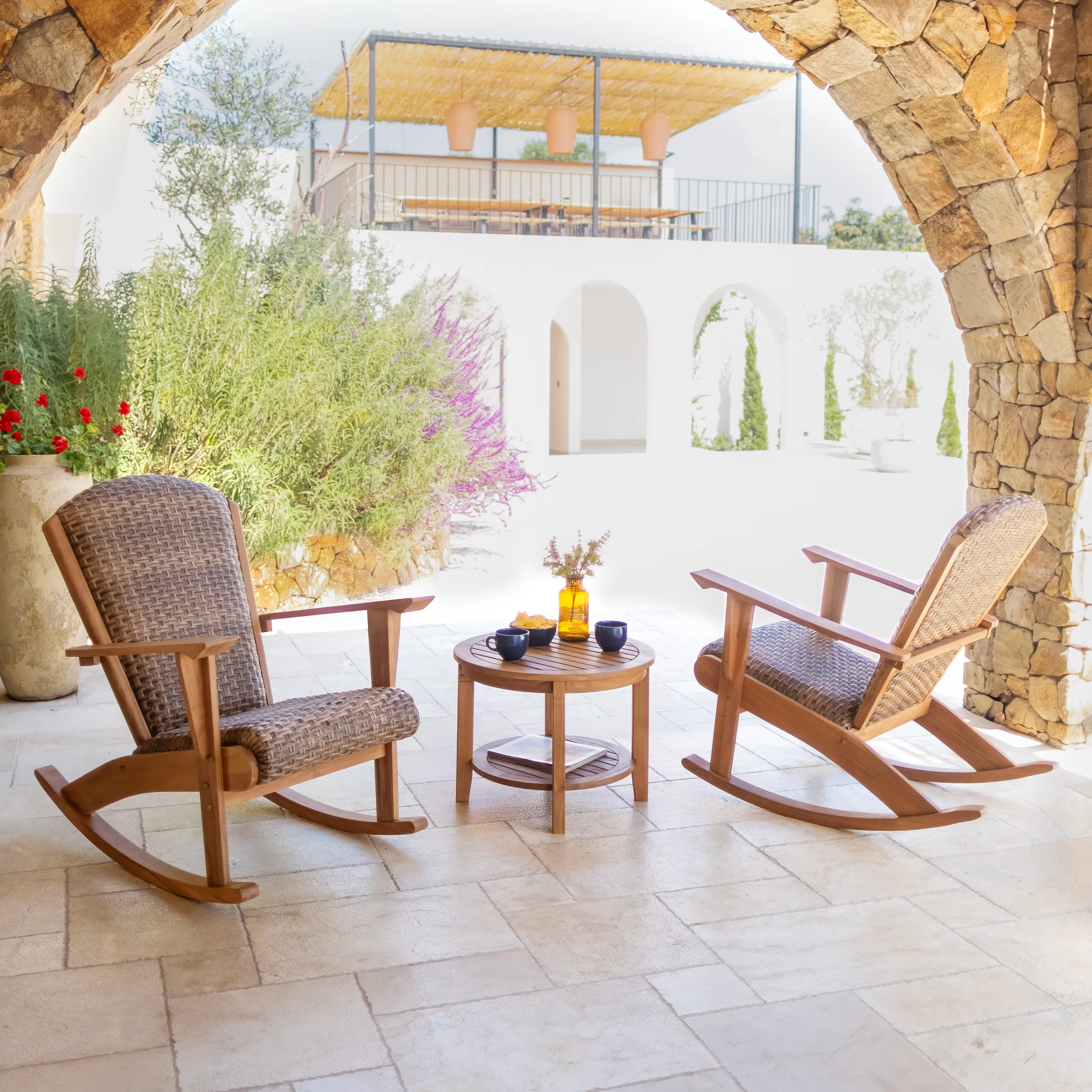 Camden Teak Wood 3 Piece Patio Rocking Chair with Padded Woven Seat - Image 3