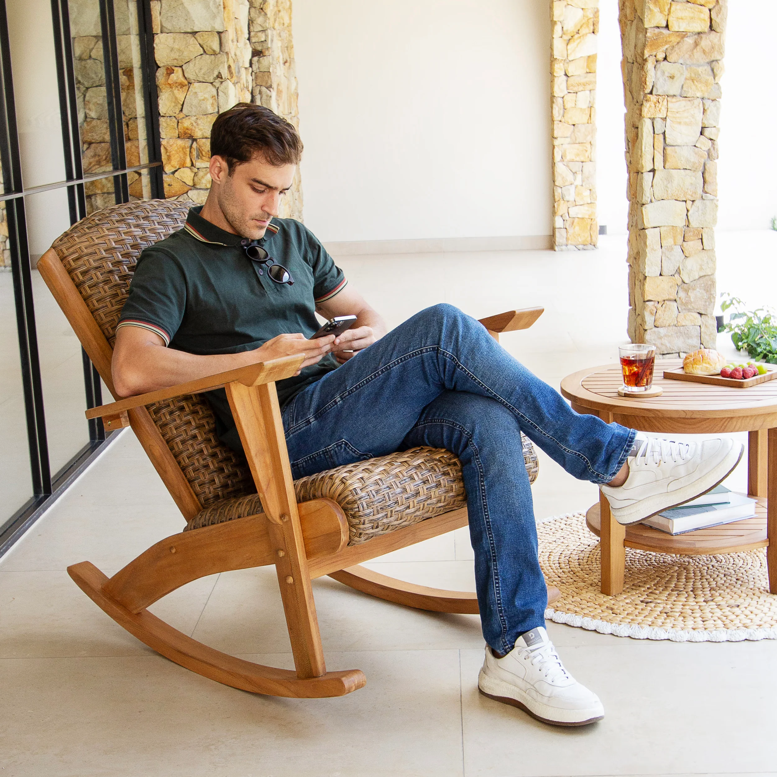 Camden Teak Wood 3 Piece Patio Rocking Chair with Padded Woven Seat - Image 4