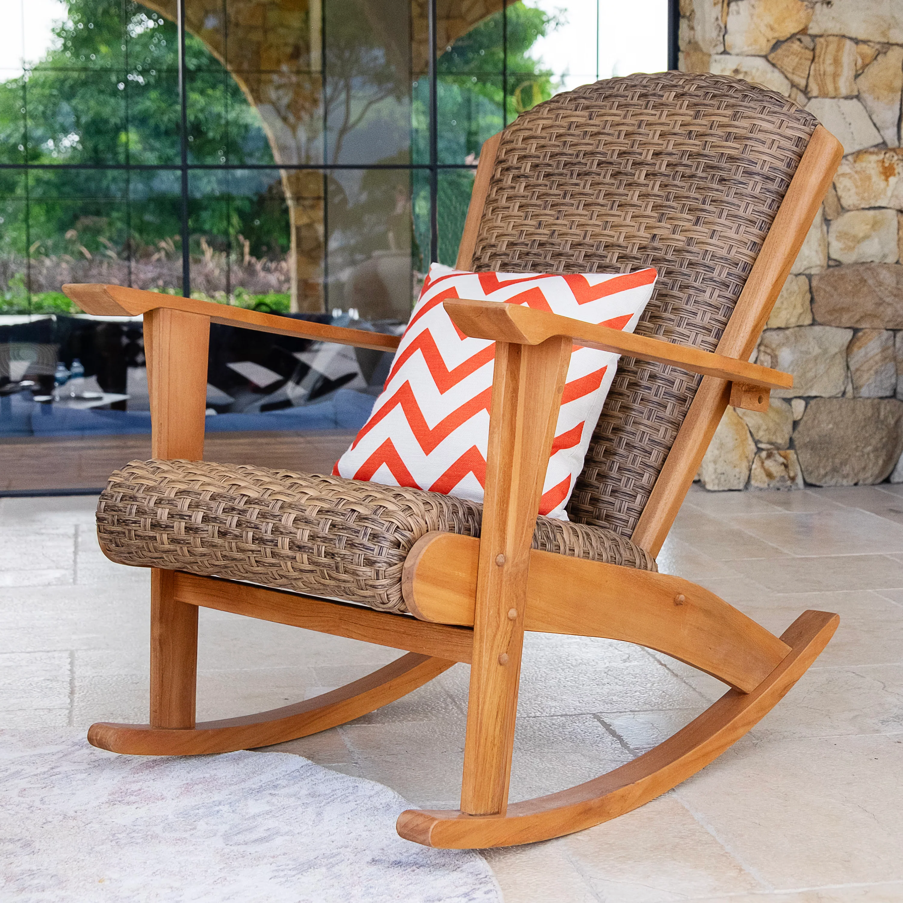 Camden Teak Wood 3 Piece Patio Rocking Chair with Padded Woven Seat - Image 9