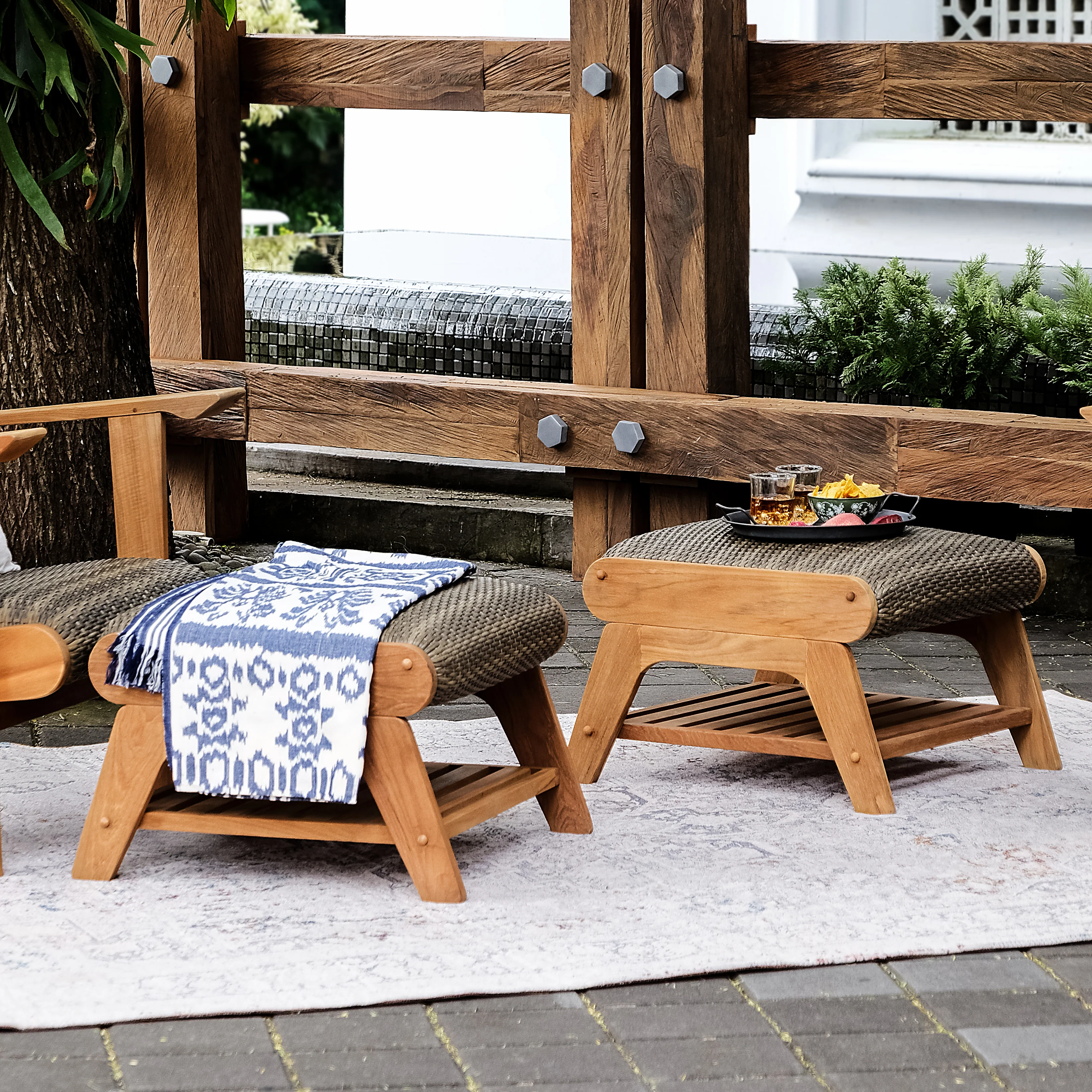 Camden Teak Wood Outdoor Ottoman with Padded Woven Seat – FREE Furniture Cover - Image 11