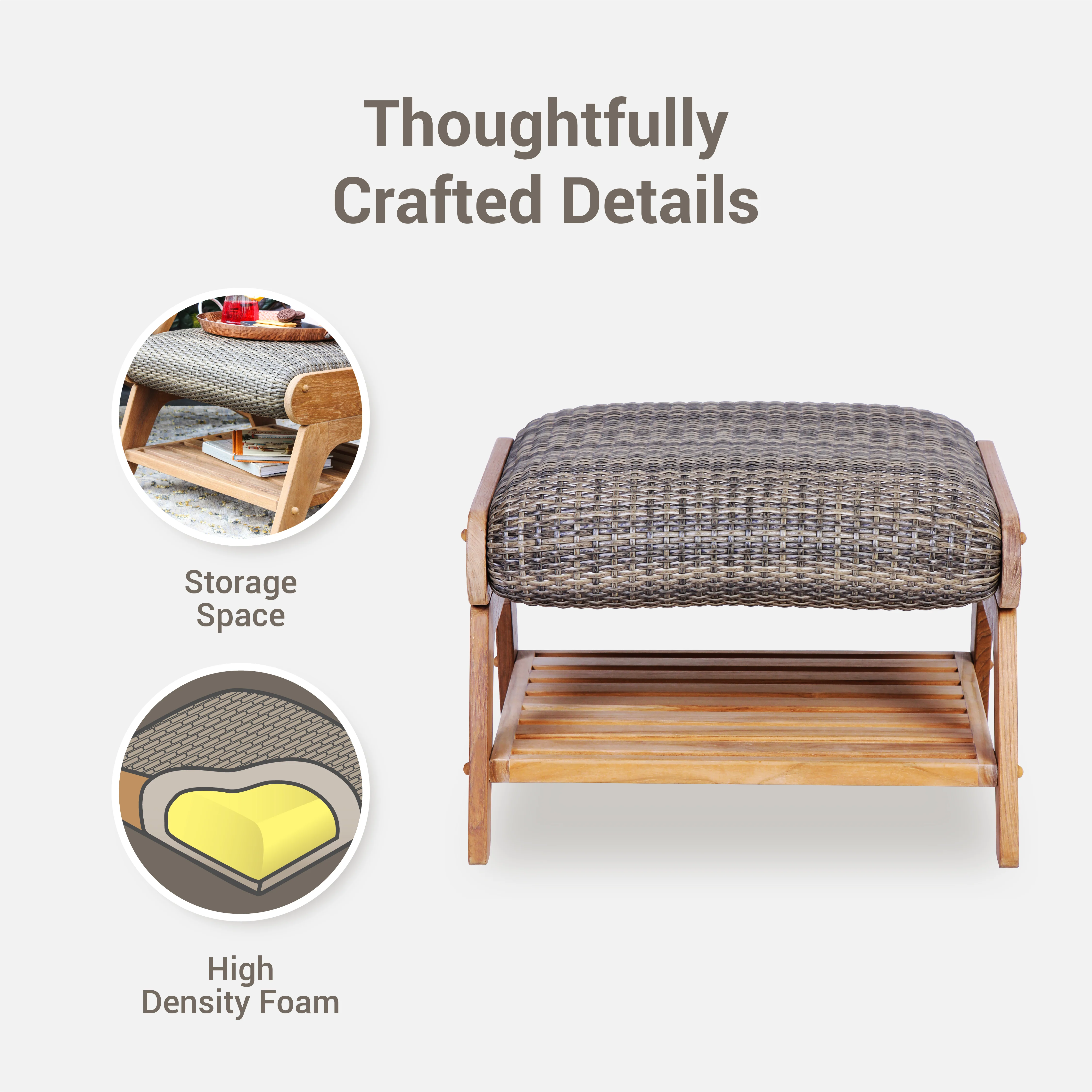 Camden Teak Wood Outdoor Ottoman with Padded Woven Seat – FREE Furniture Cover - Image 4