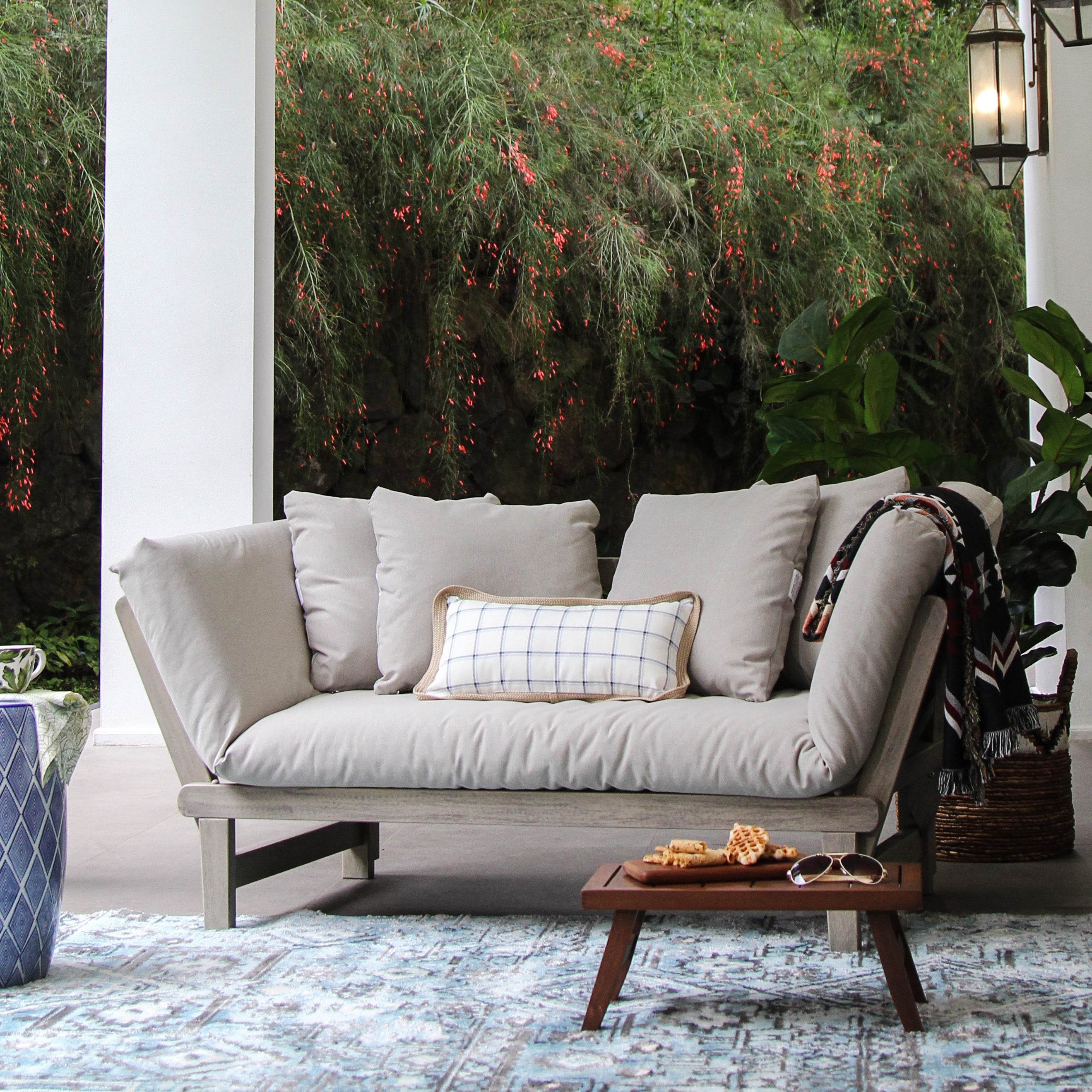 Carlota Mahogany Wood Outdoor Convertible Sofa Daybed with Oyster Cushion - Image 3
