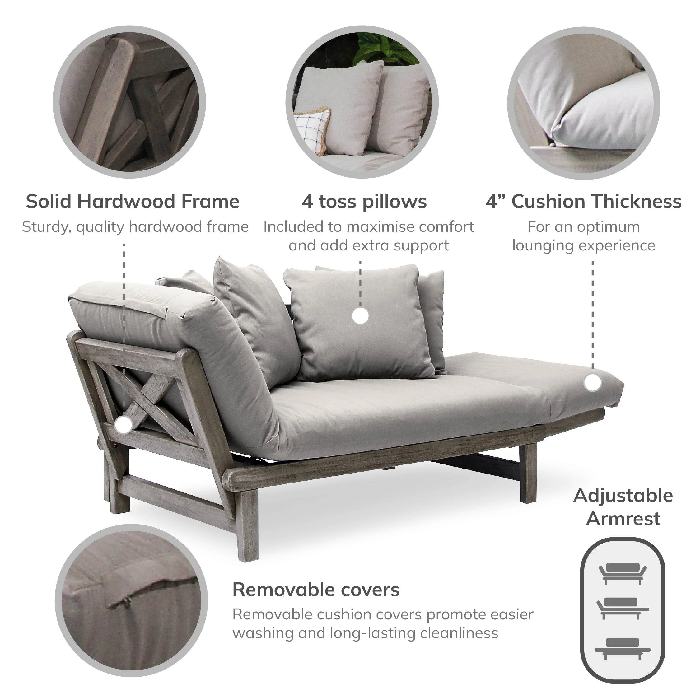 Carlota Mahogany Wood Outdoor Convertible Sofa Daybed with Oyster Cushion - Image 4