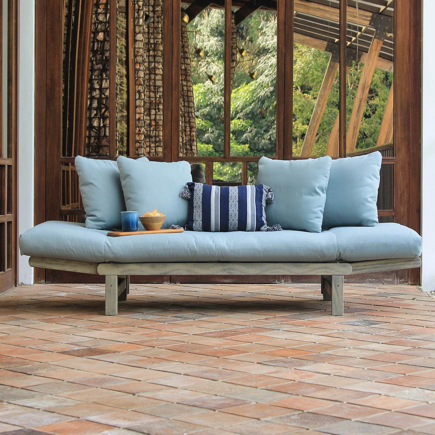 Carlota Outdoor Convertible Sofa Daybed - Weathered Gray Wood / Blue Spruce Cushion - Image 10