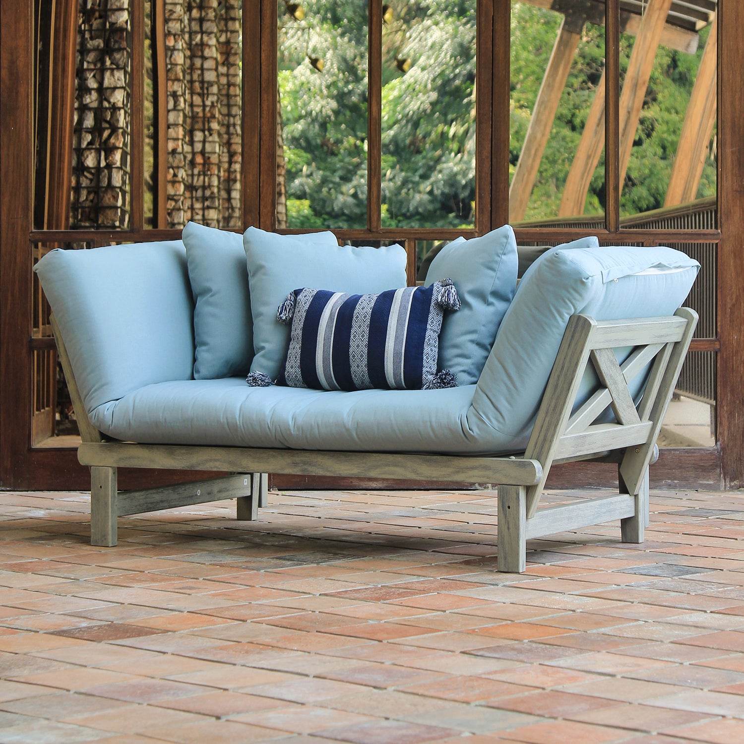 Carlota Outdoor Convertible Sofa Daybed - Weathered Gray Wood / Blue Spruce Cushion - Image 3