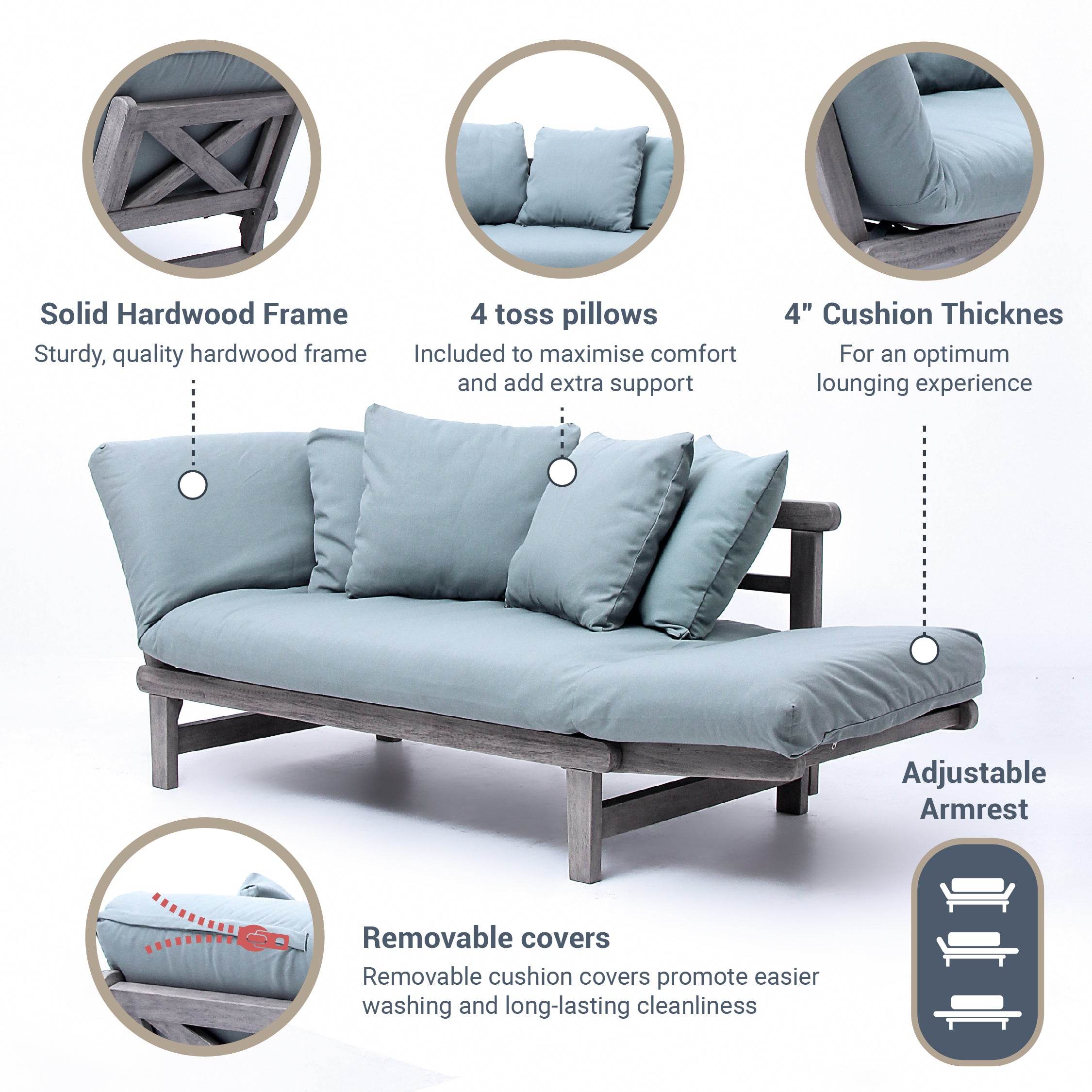 Carlota Outdoor Convertible Sofa Daybed - Weathered Gray Wood / Blue Spruce Cushion - Image 4