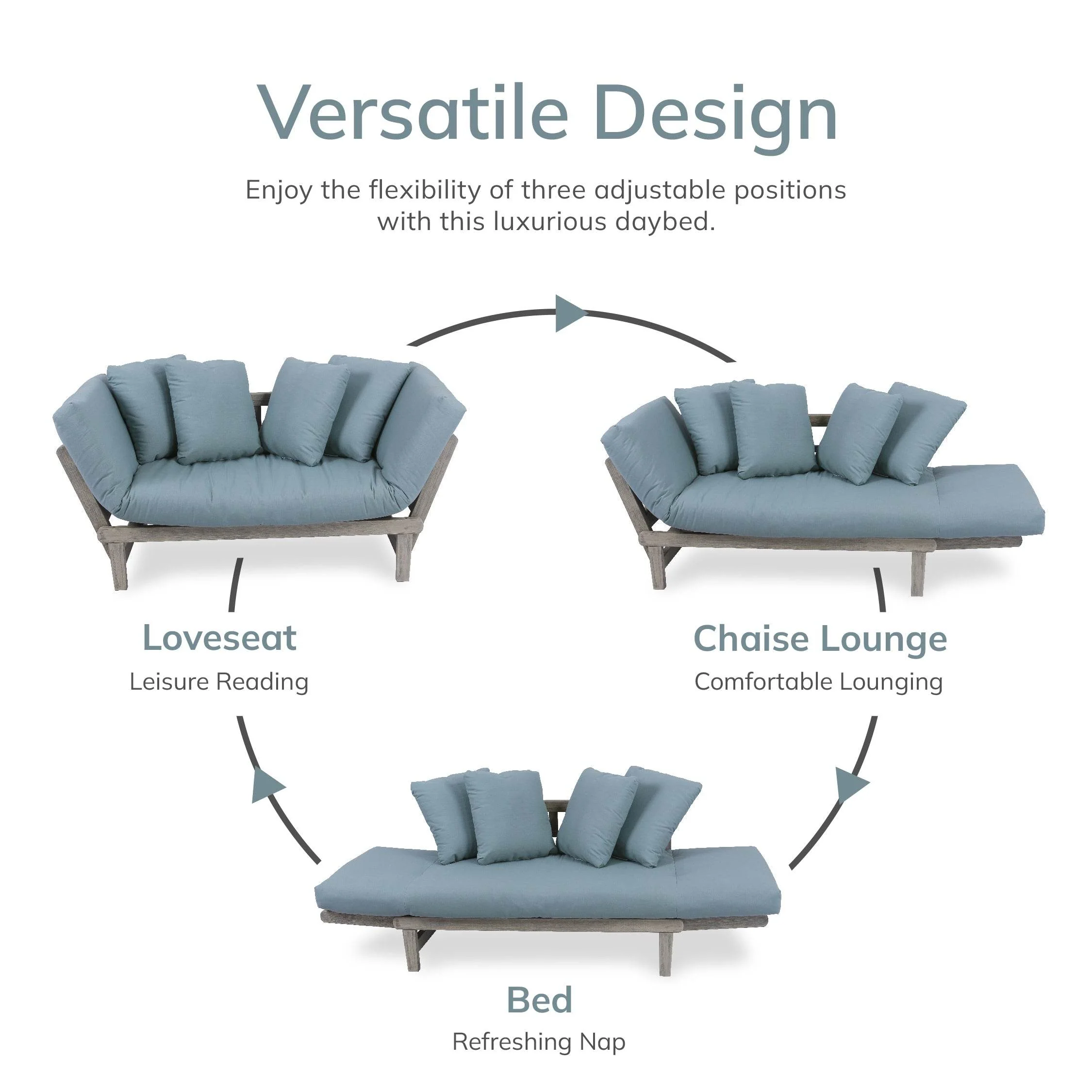 Carlota Outdoor Convertible Sofa Daybed - Weathered Gray Wood / Blue Spruce Cushion - Image 5