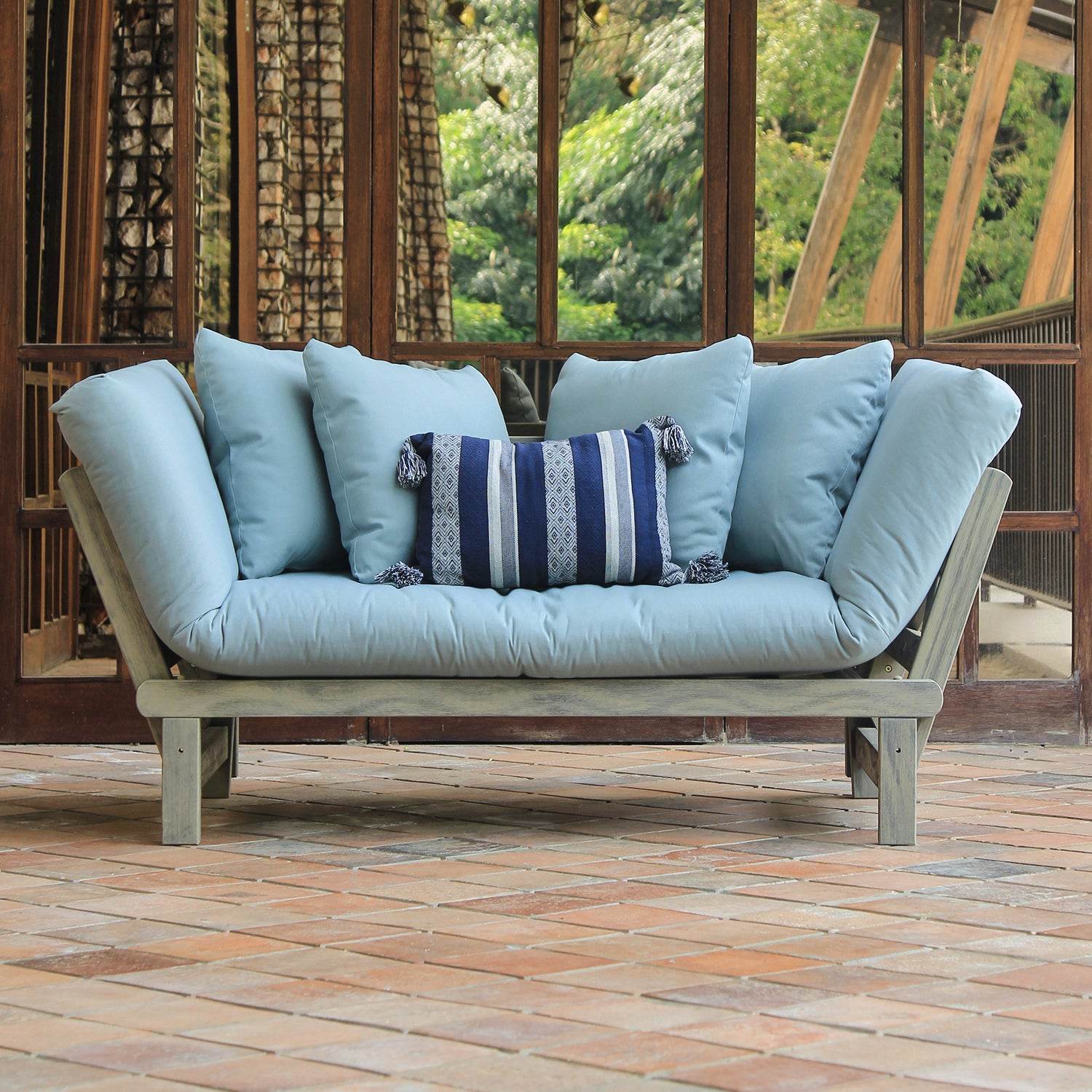 Carlota Outdoor Convertible Sofa Daybed - Weathered Gray Wood / Blue Spruce Cushion - Image 8