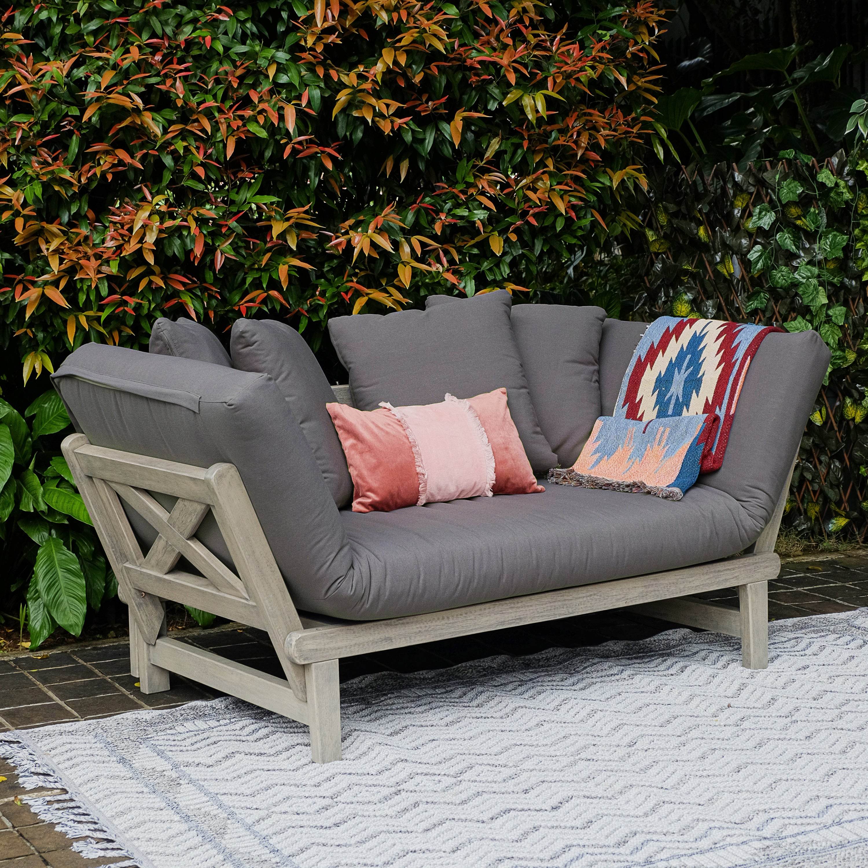 Carlota Mahogany Wood Outdoor Convertible Sofa Daybed with Gray Cushion - Image 3