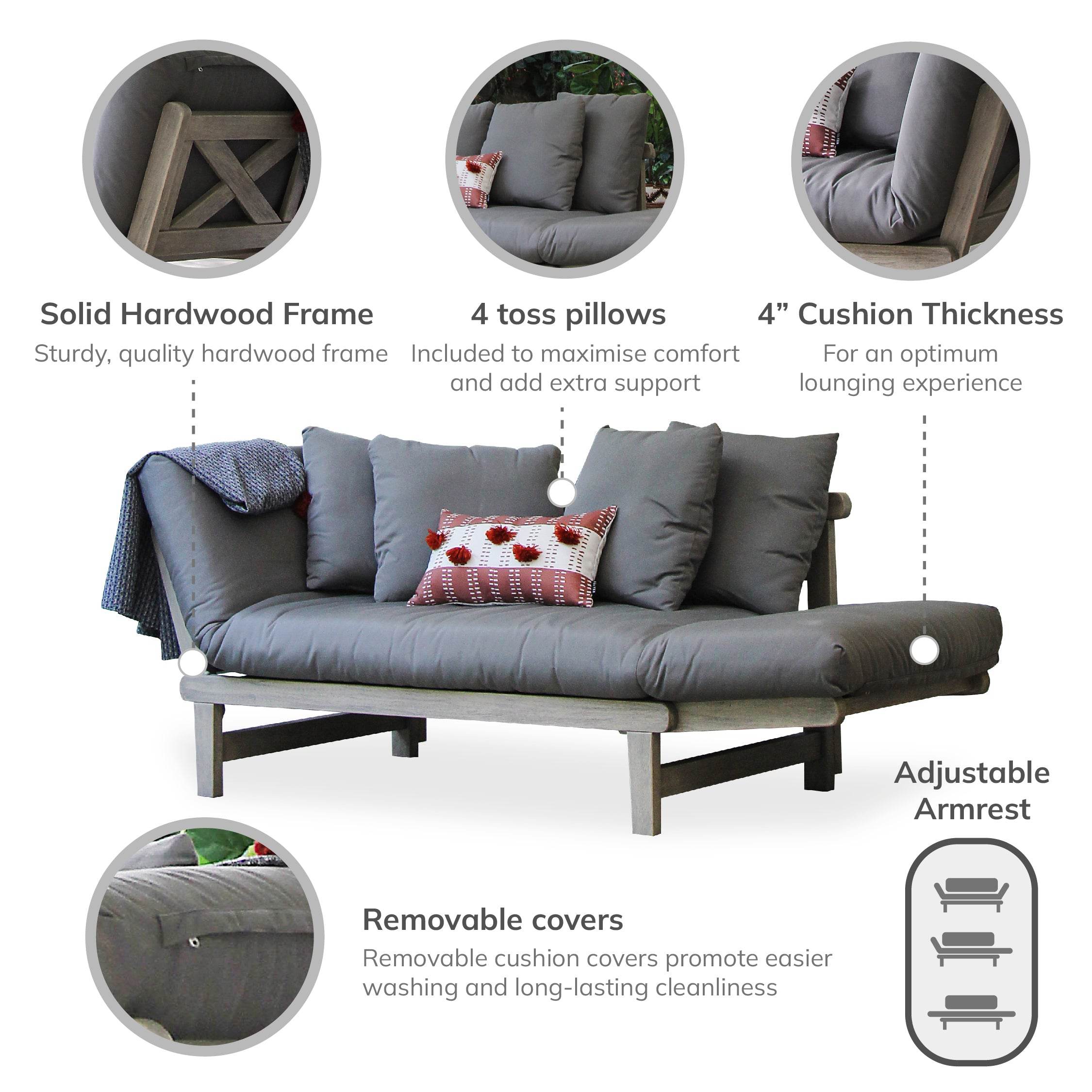 Carlota Mahogany Wood Outdoor Convertible Sofa Daybed with Gray Cushion - Image 4