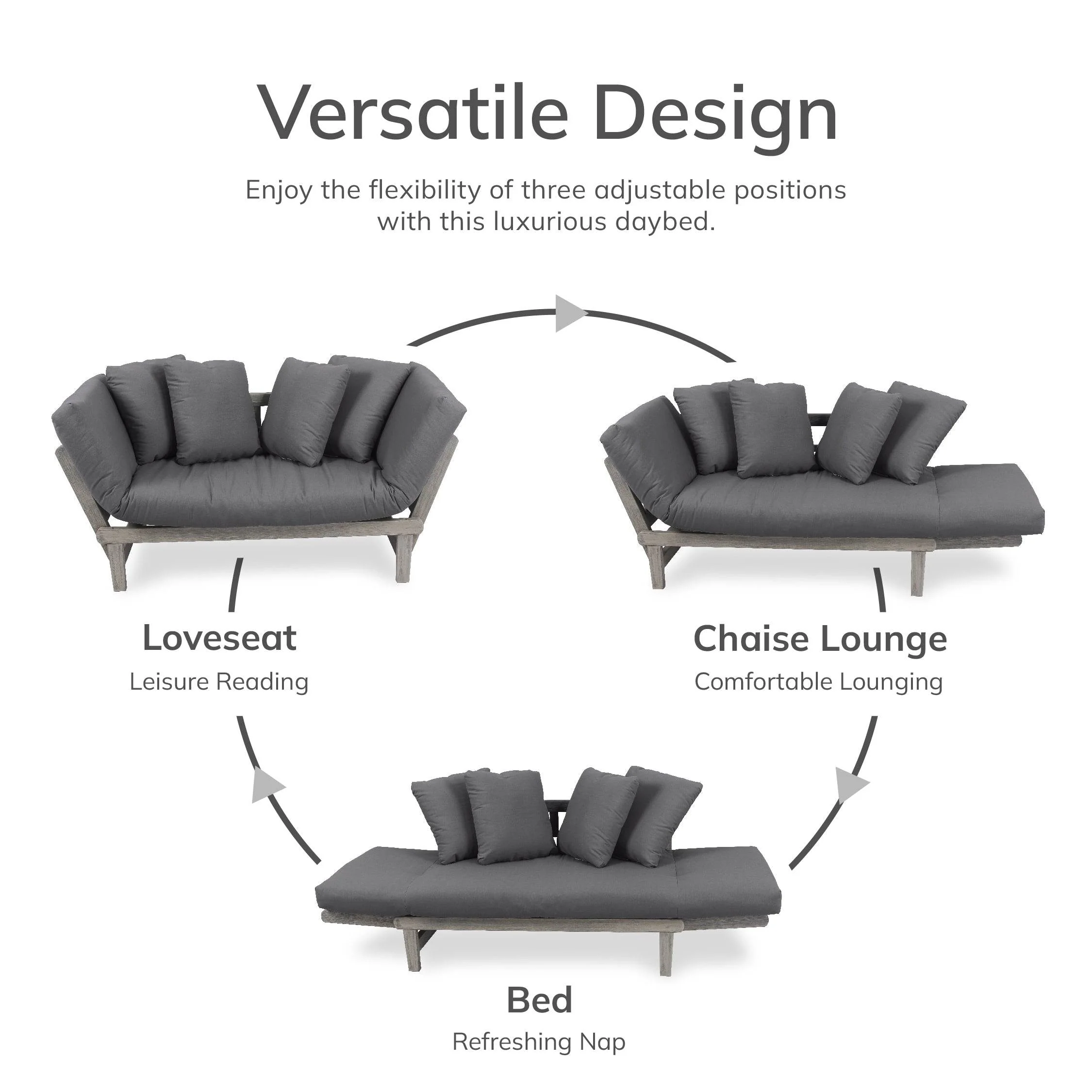 Carlota Mahogany Wood Outdoor Convertible Sofa Daybed with Gray Cushion - Image 5