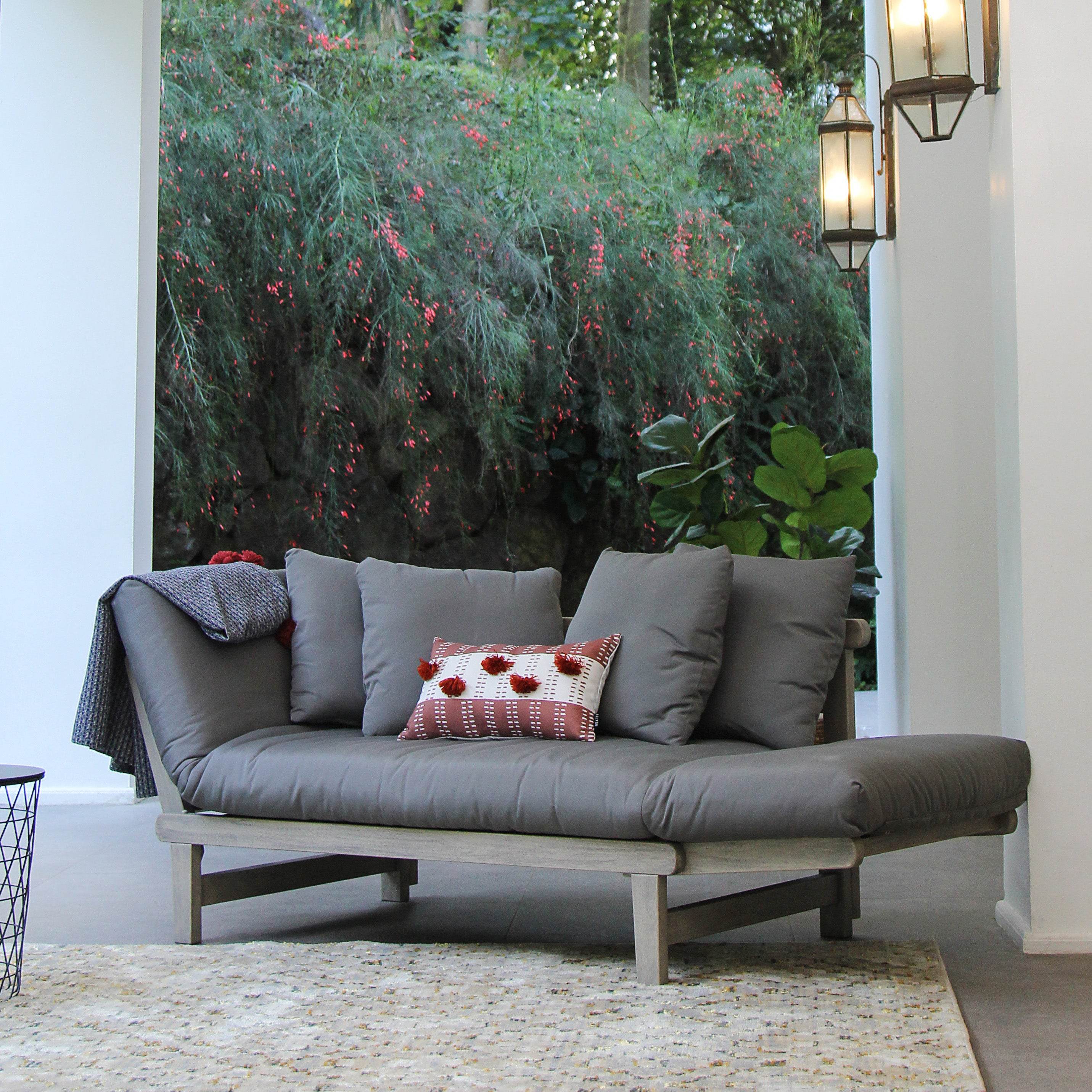 Carlota Mahogany Wood Outdoor Convertible Sofa Daybed with Gray Cushion - Image 8