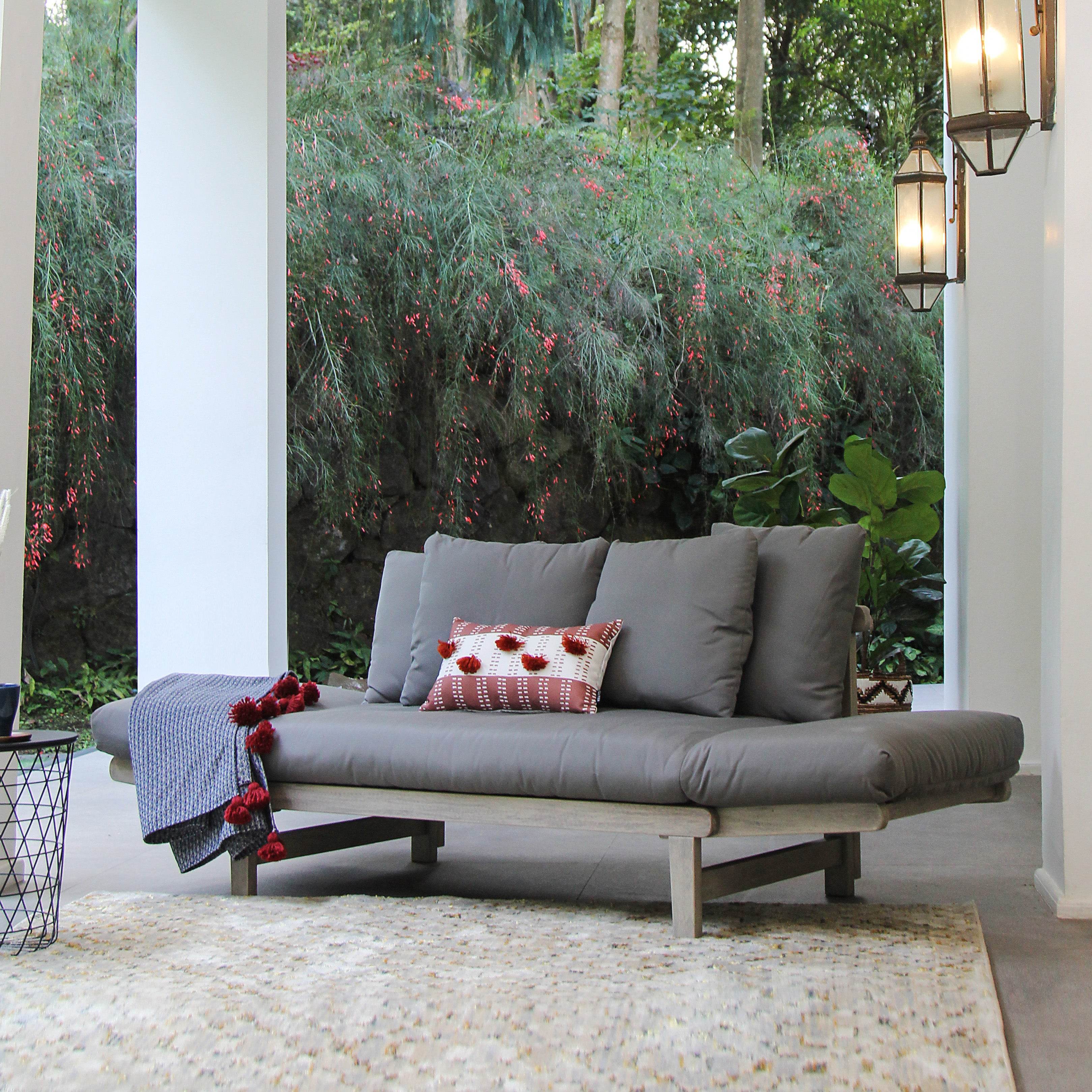 Carlota Mahogany Wood Outdoor Convertible Sofa Daybed with Gray Cushion - Image 9