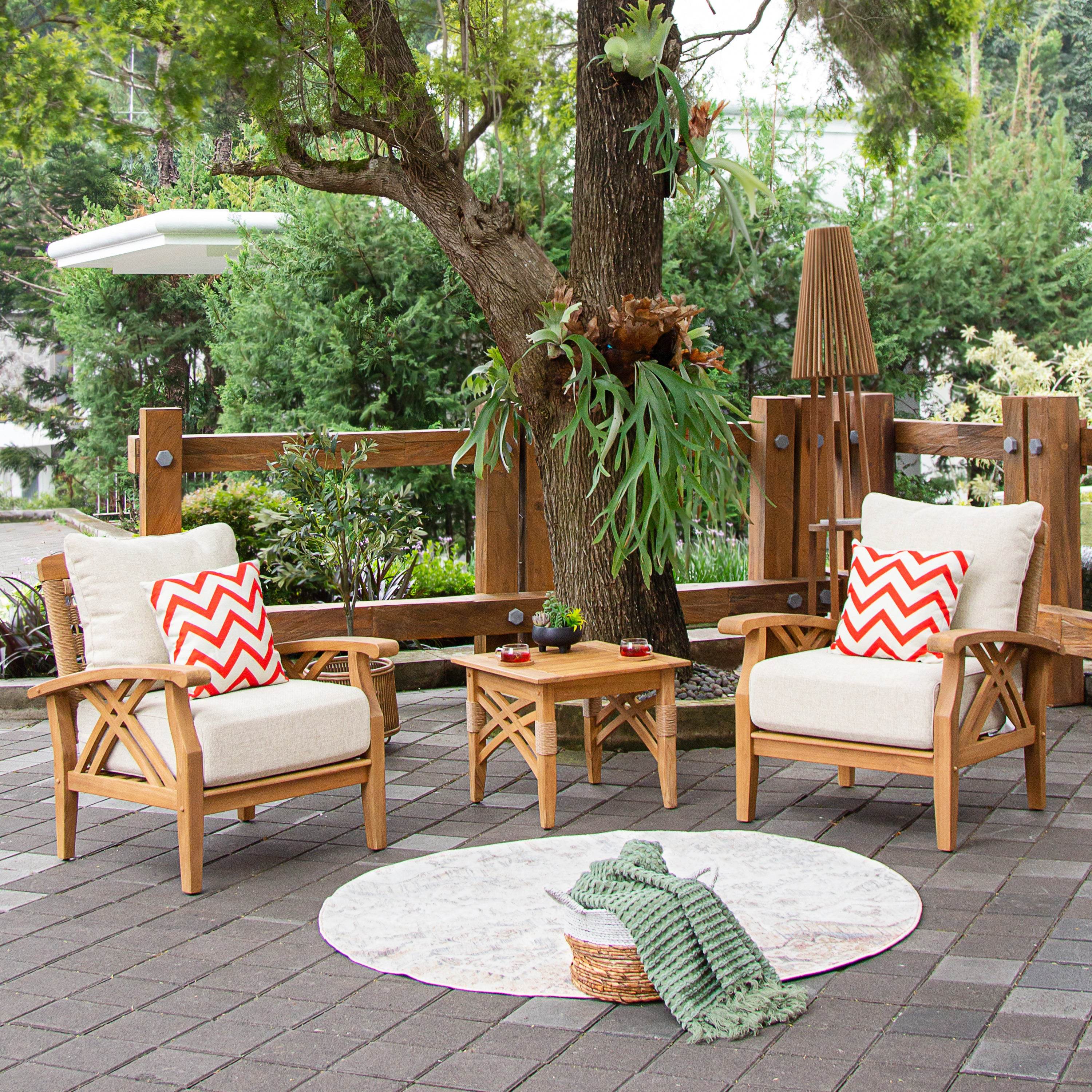 Carmel 3 Pieces Teak Wood Patio Conversation Set with Tan Cushion - Image 2