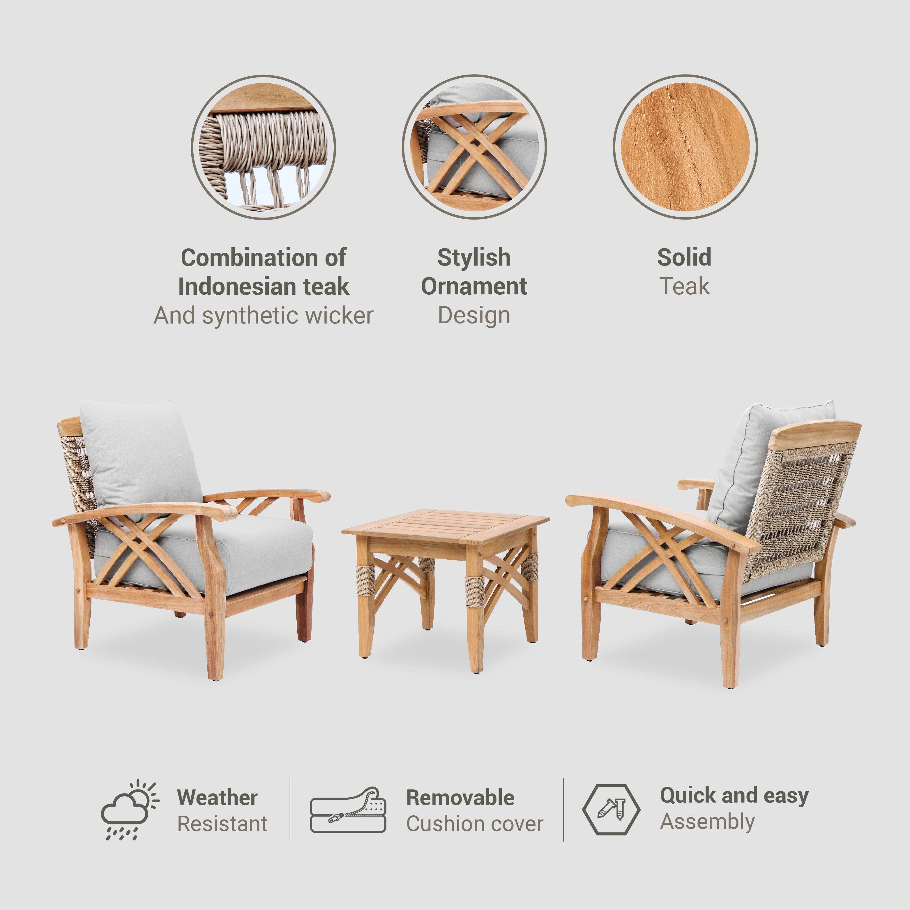 Carmel 3 Pieces Teak Wood Patio Conversation Set with Tan Cushion - Image 5