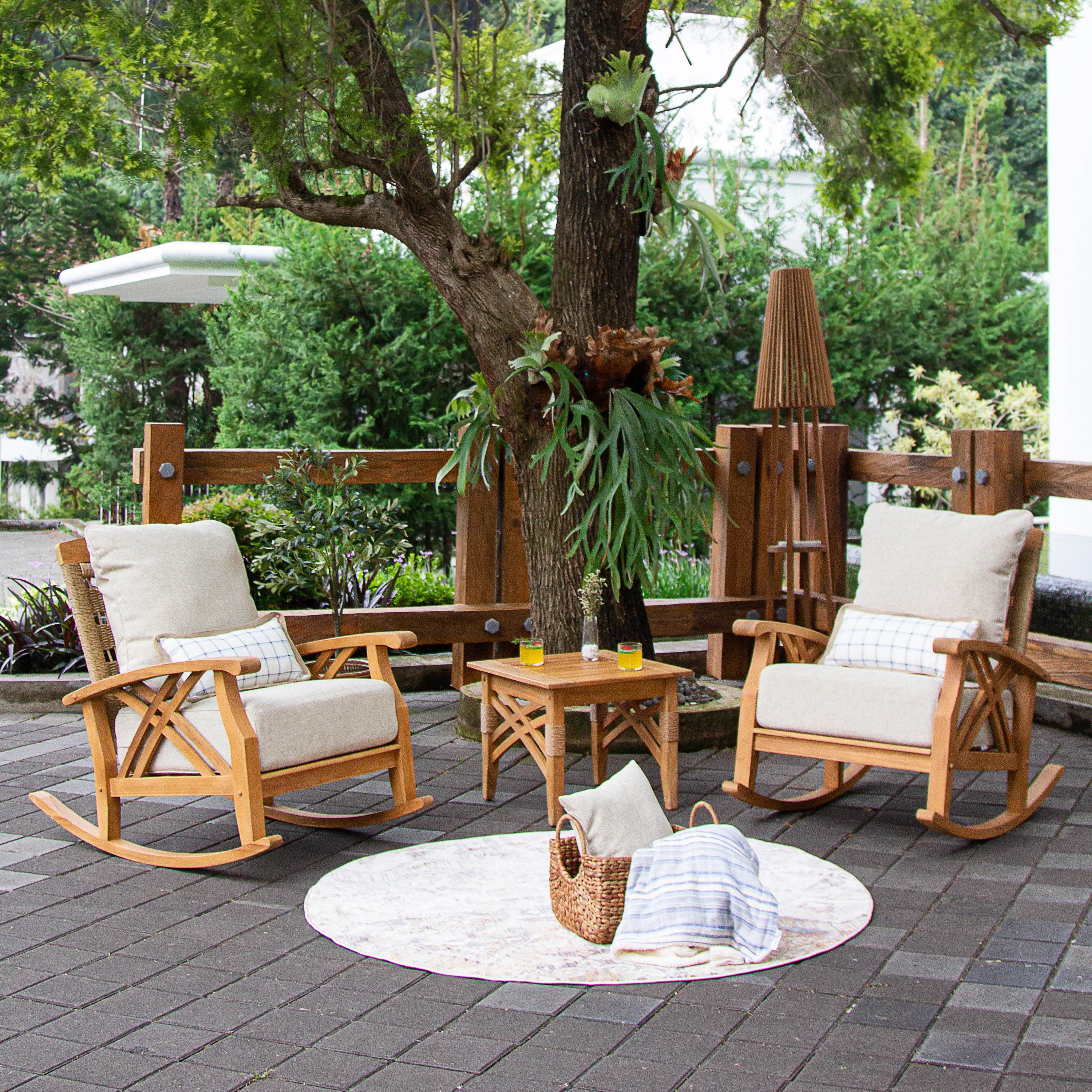 Carmel 3 Pieces Teak Wood Patio Rocker Conversation Set with Tan Cushion - Image 2