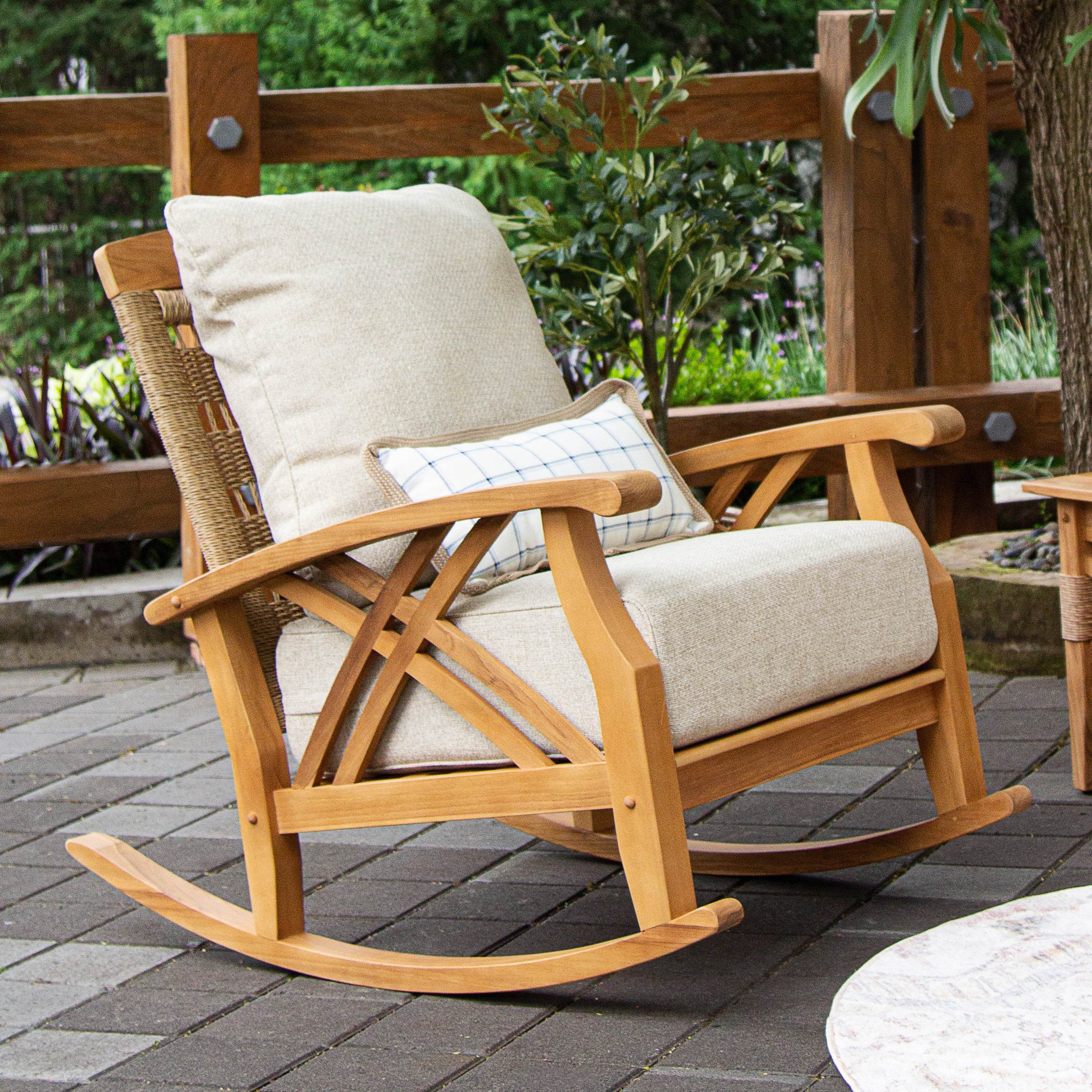 Carmel 3 Pieces Teak Wood Patio Rocker Conversation Set with Tan Cushion - Image 3