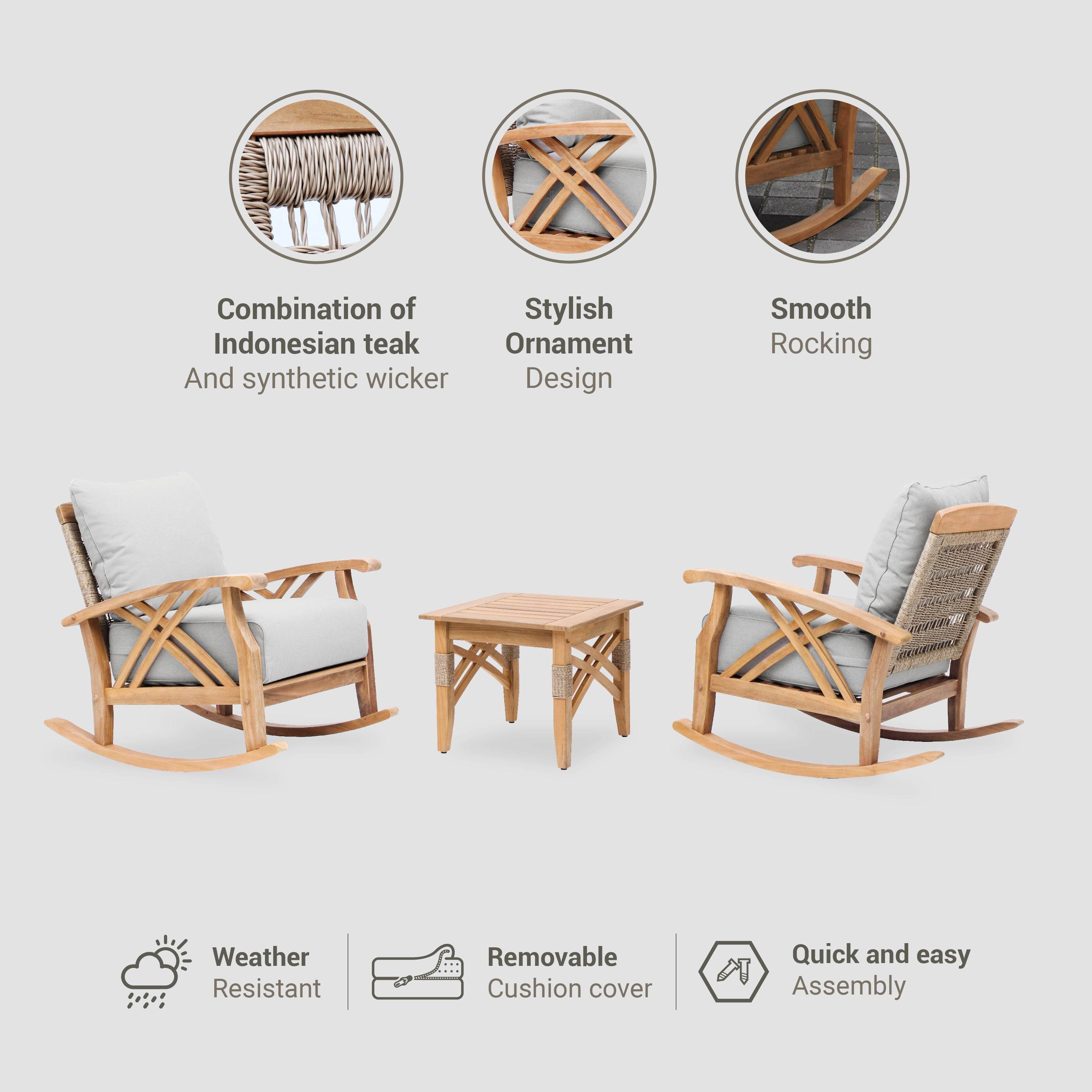 Carmel 3 Pieces Teak Wood Patio Rocker Conversation Set with Tan Cushion - Image 4