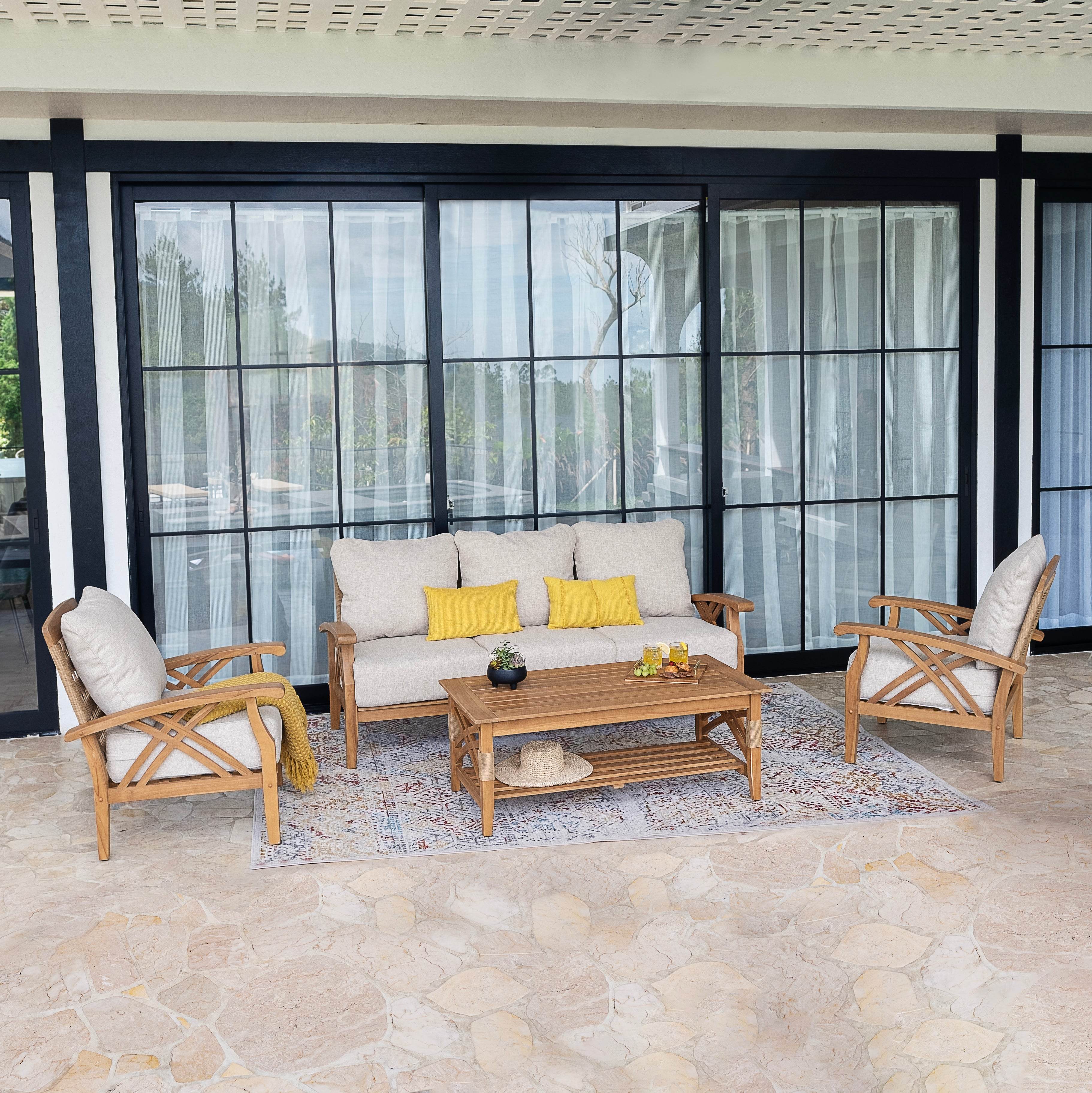 Carmel 4 Piece Teak Wood Patio Conversation Set with Honey Twist Wicker - Image 2