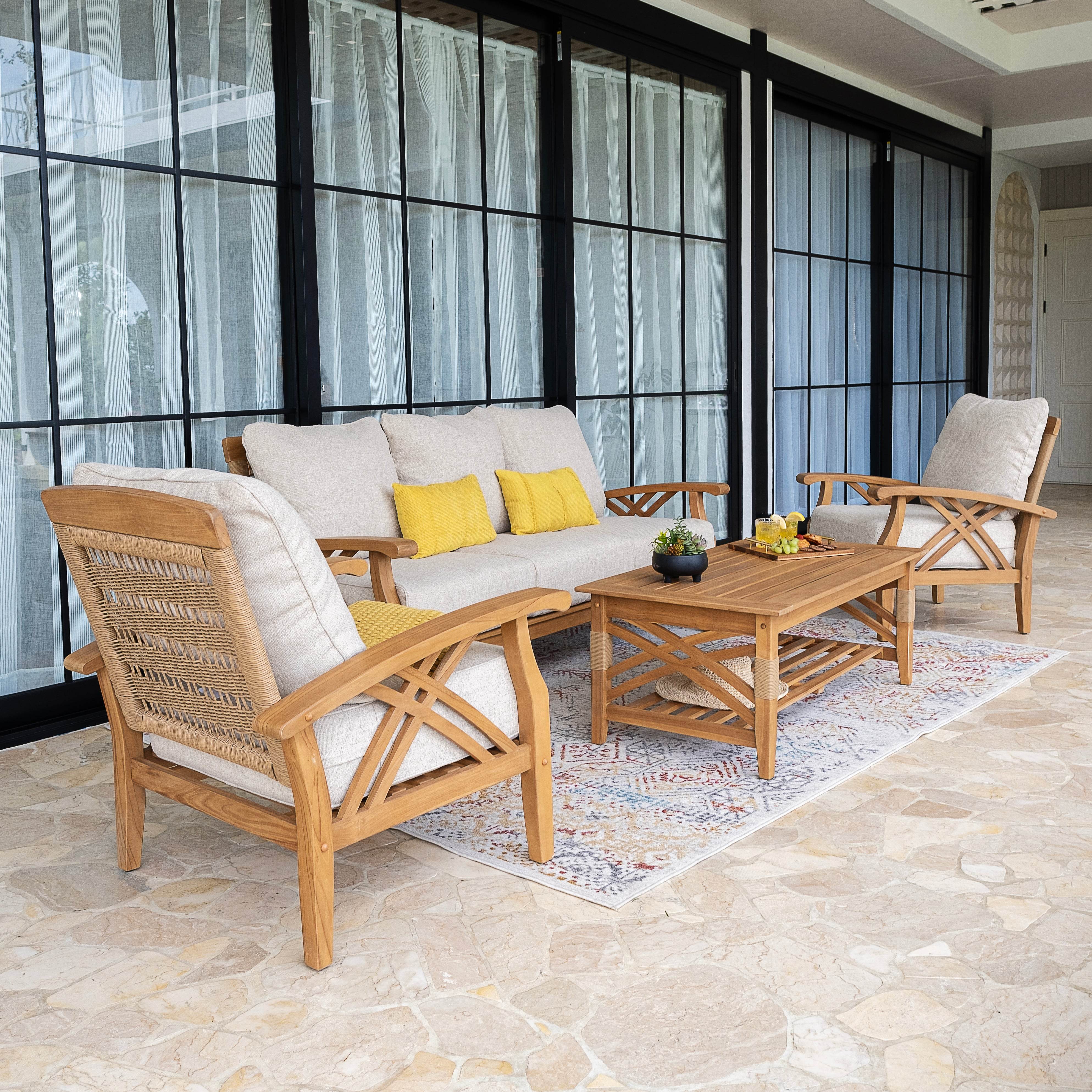 Carmel 4 Piece Teak Wood Patio Conversation Set with Honey Twist Wicker - Image 3