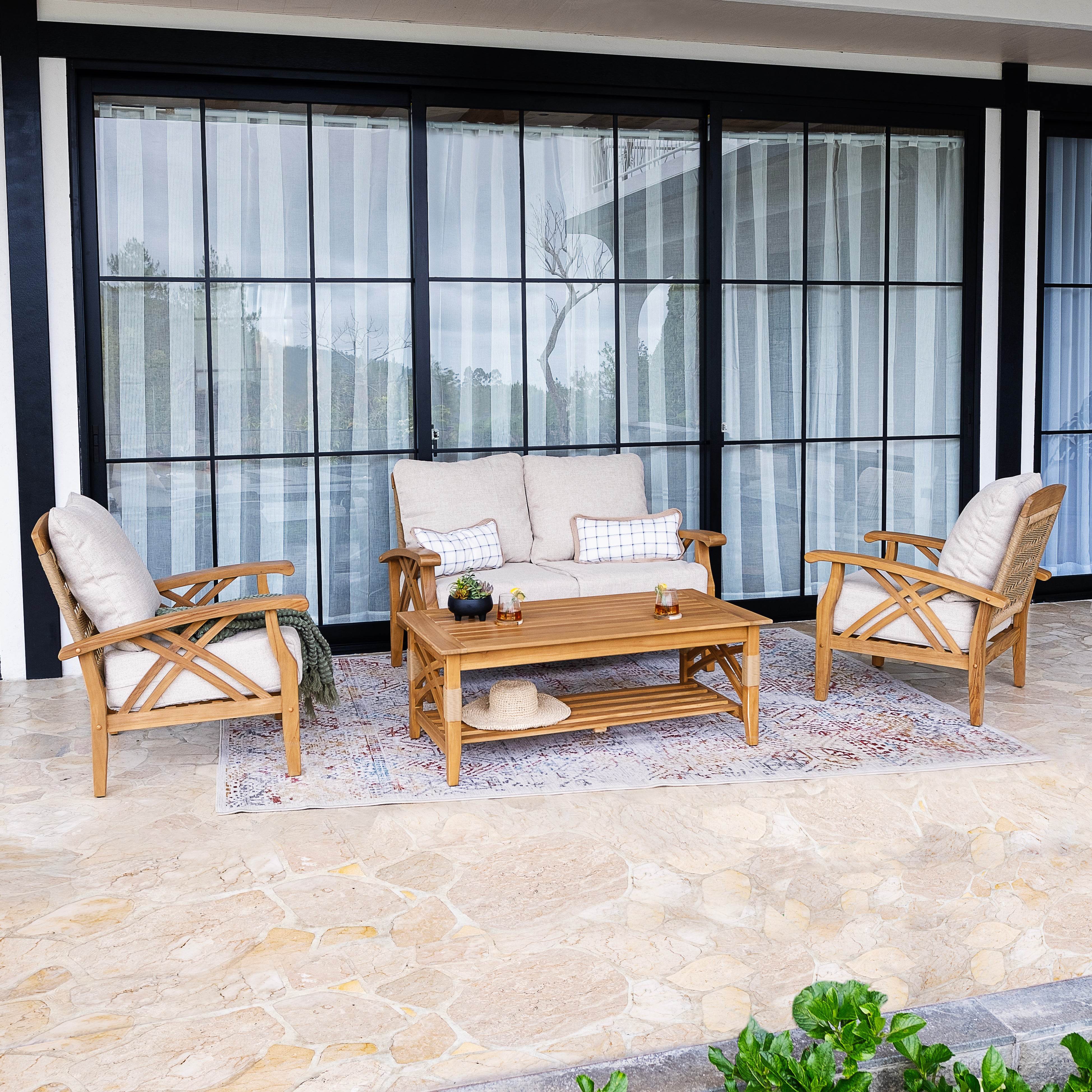 Carmel 4 Piece Teak Wood Patio Conversation Set with Tan Cushion - Image 2