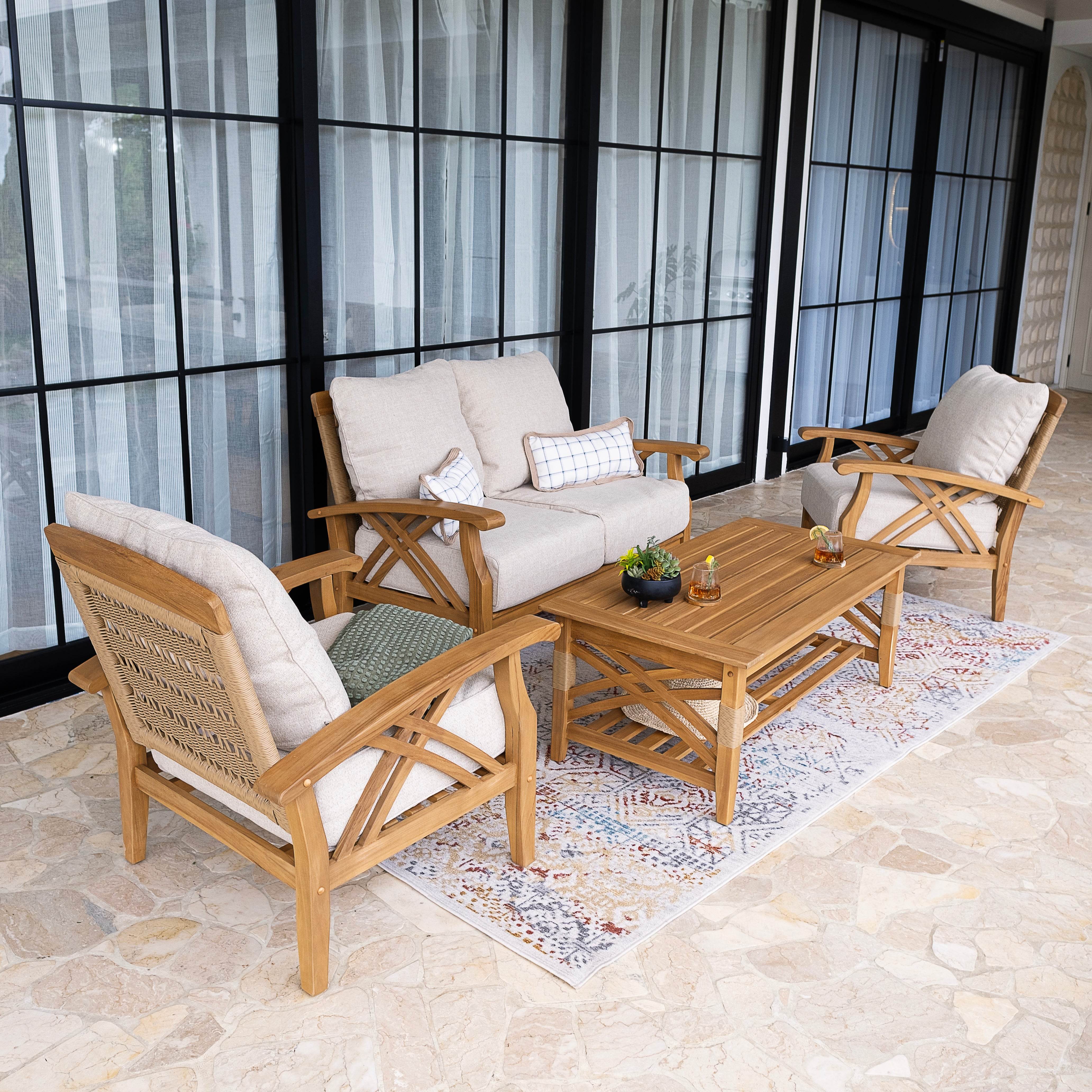 Carmel 4 Piece Teak Wood Patio Conversation Set with Tan Cushion - Image 3