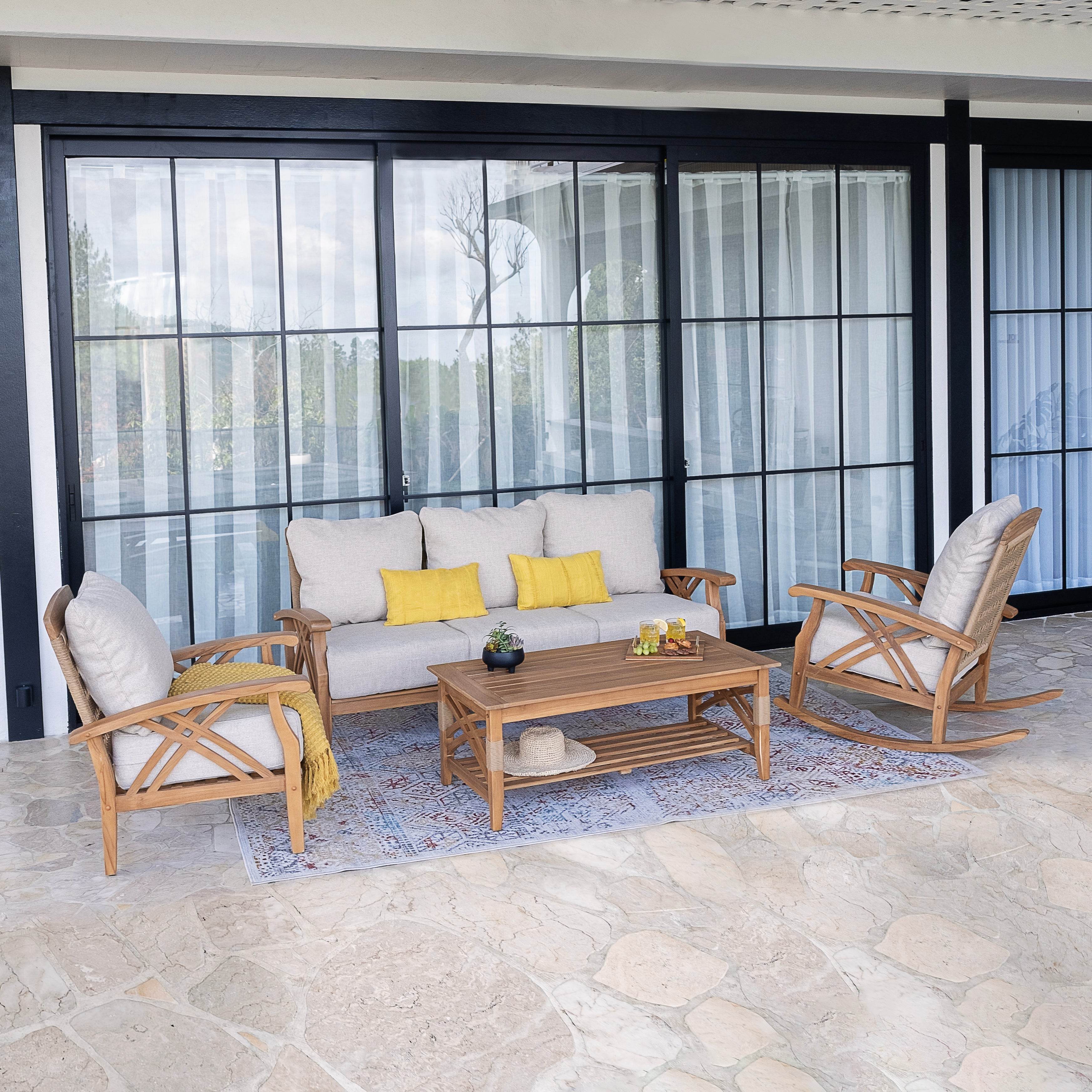 Carmel 4 Pieces Teak Wood Patio Conversation Set with Honey Twist Wicker - Image 2