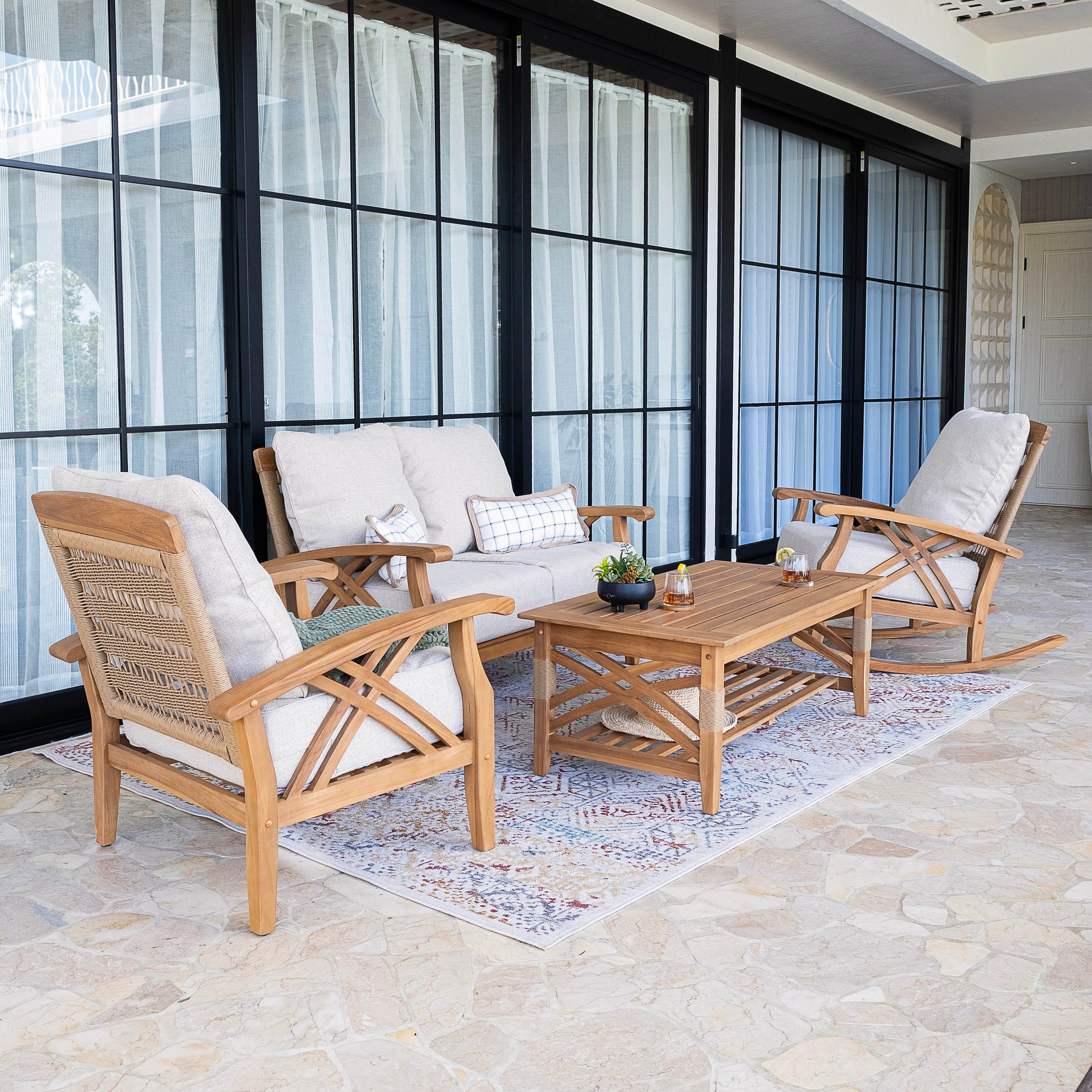 Carmel 4 Pieces Teak Wood Patio Conversation Set with Tan Cushion - Image 2