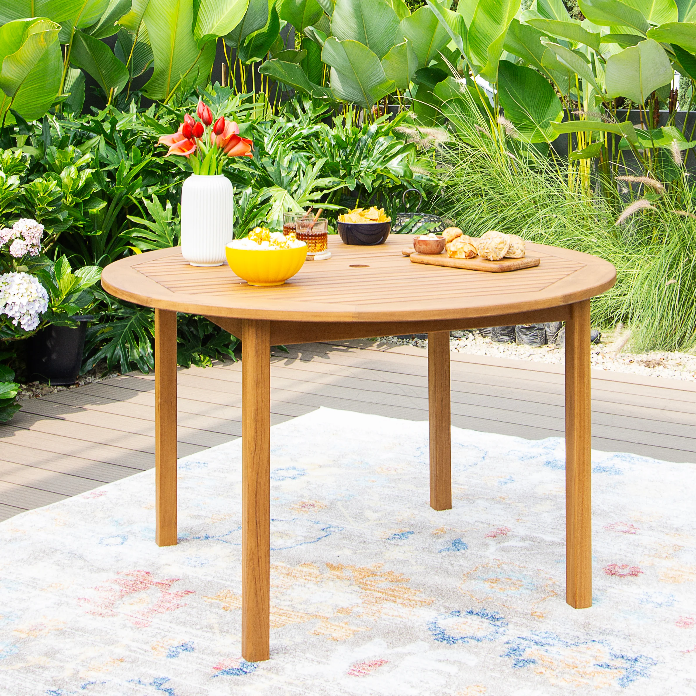 Carmel 5 Piece Teak Wood Outdoor Dining Round Table with Tan Seatpad - Image 10