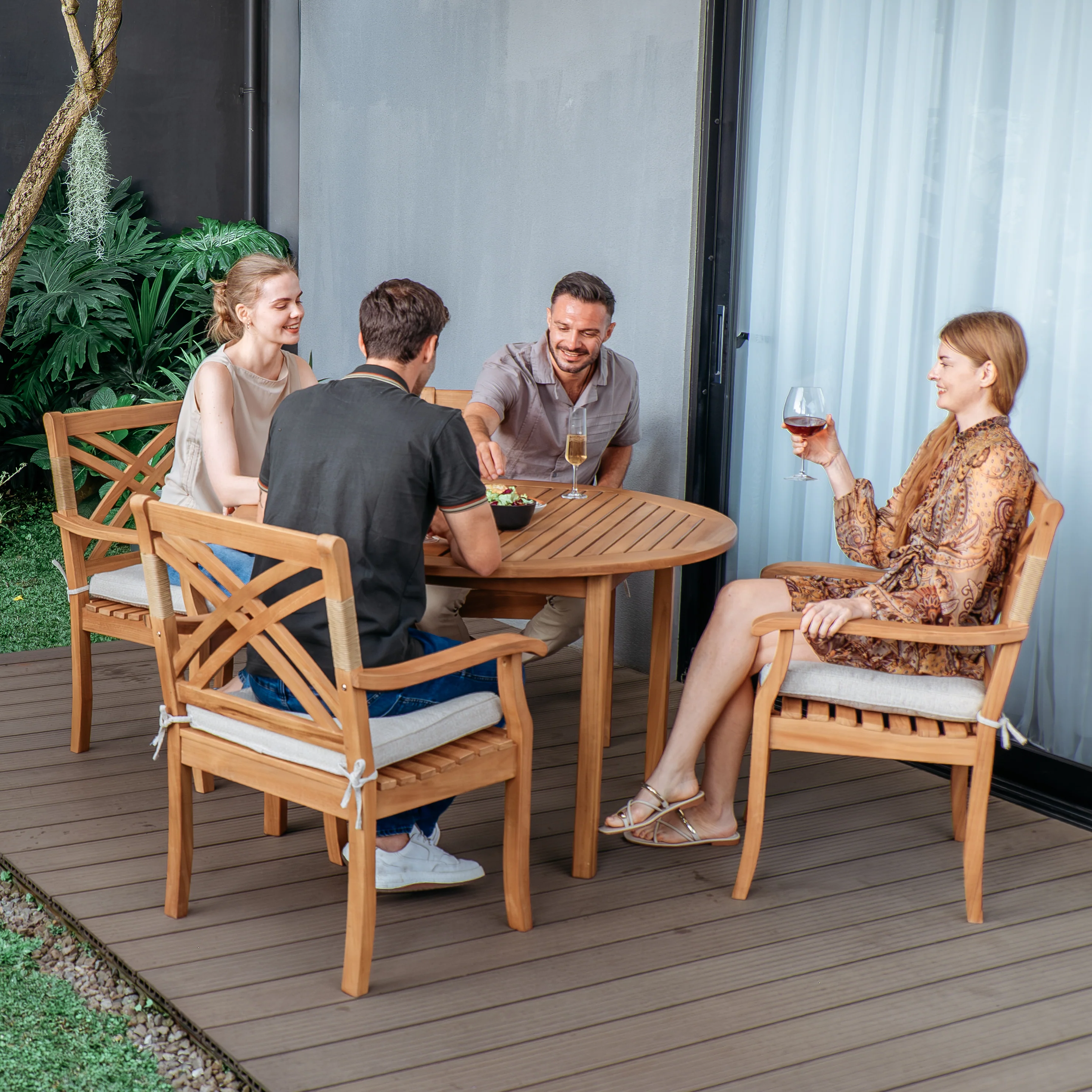 Carmel 5 Piece Teak Wood Outdoor Dining Round Table with Tan Seatpad - Image 2