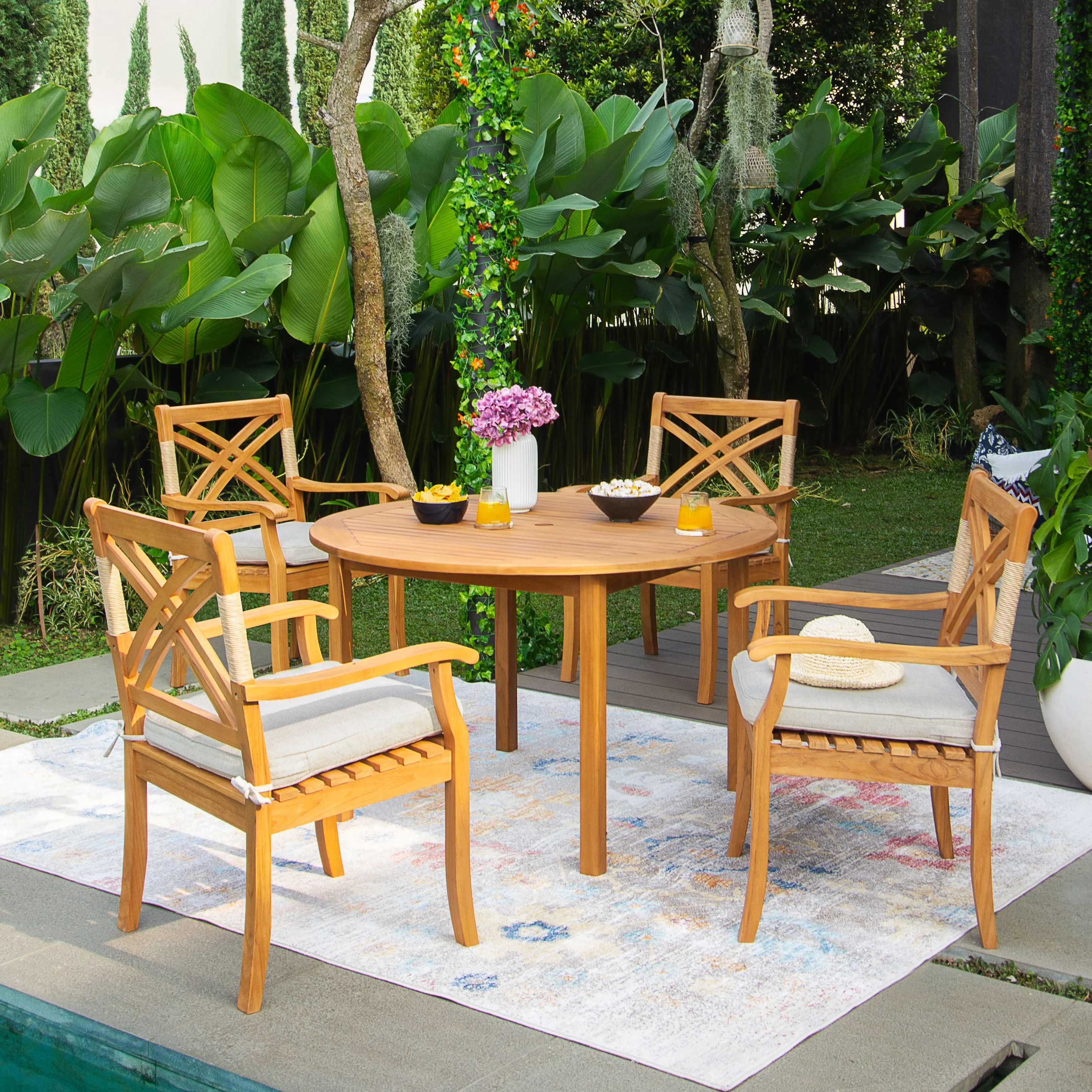Carmel 5 Piece Teak Wood Outdoor Dining Round Table with Tan Seatpad - Image 3