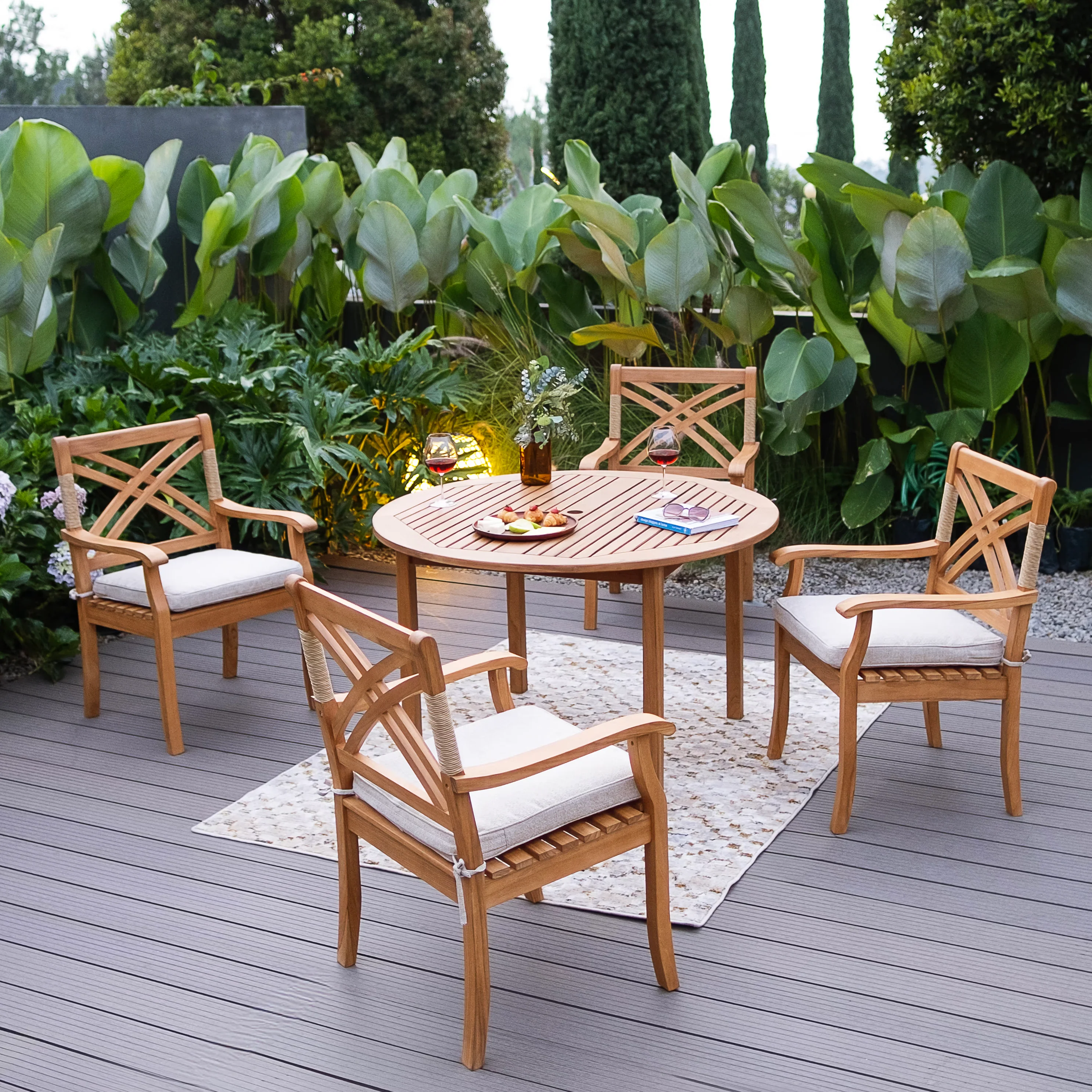 Carmel 5 Piece Teak Wood Outdoor Dining Round Table with Tan Seatpad - Image 4