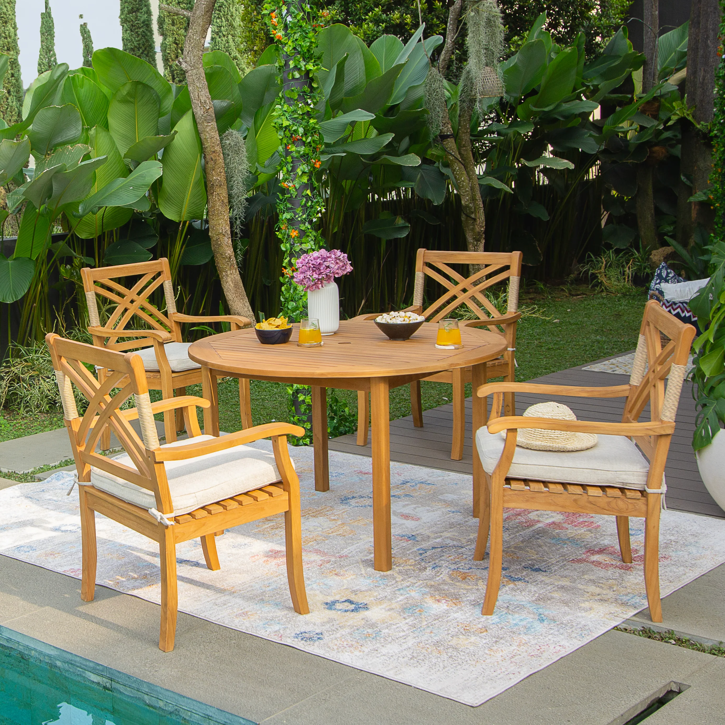 Carmel 5 Piece Teak Wood Outdoor Dining Round Table with Tan Seatpad - Image 5