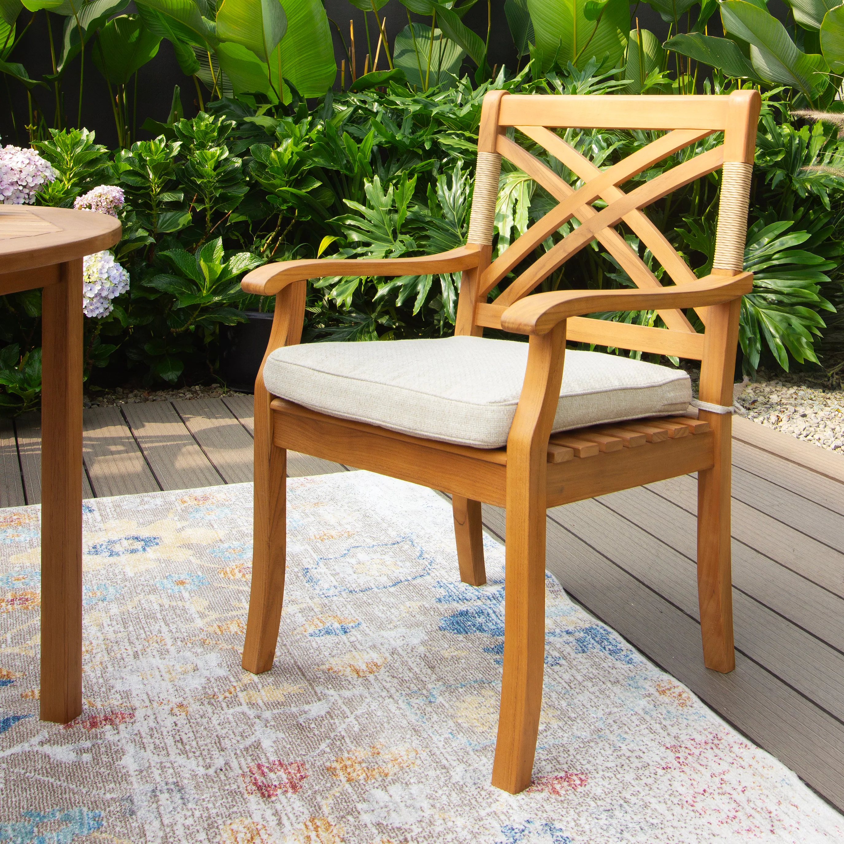 Carmel 5 Piece Teak Wood Outdoor Dining Round Table with Tan Seatpad - Image 6
