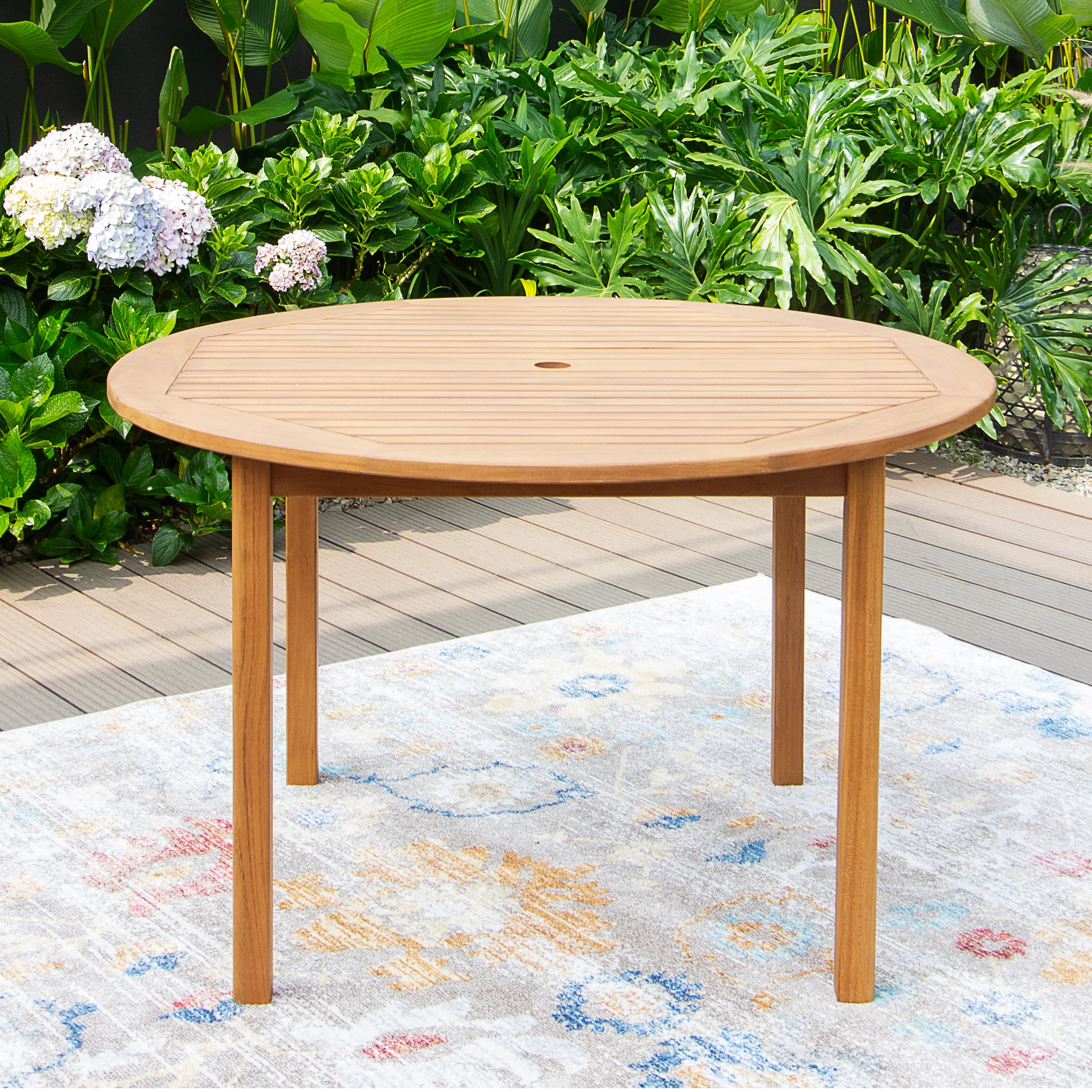 Carmel 5 Piece Teak Wood Outdoor Dining Round Table with Tan Seatpad - Image 9