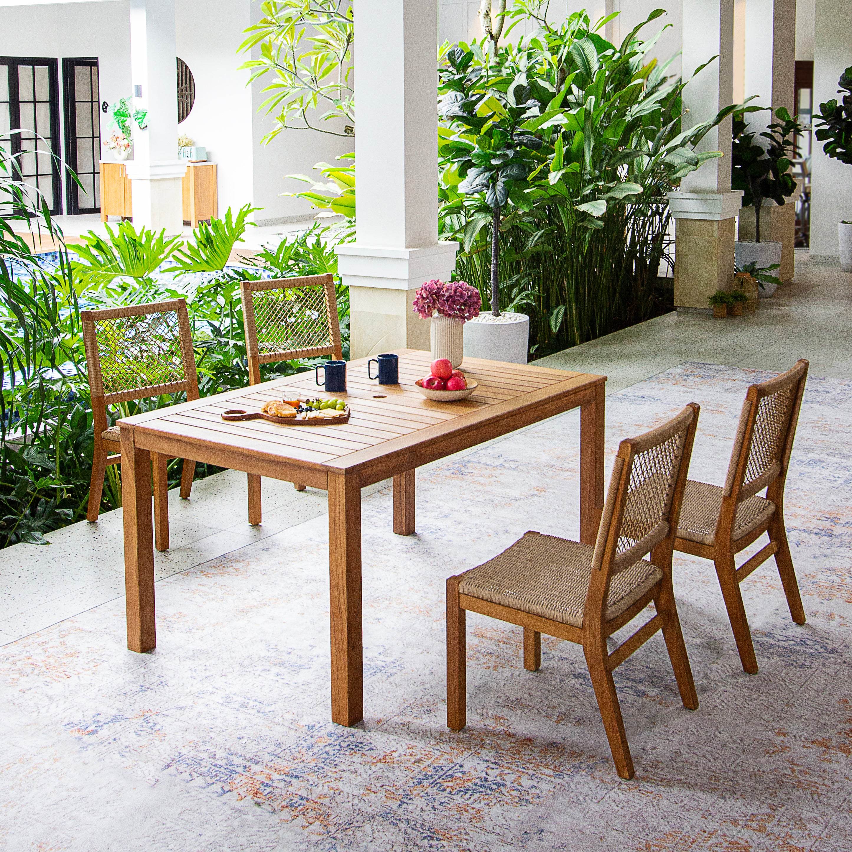 Carmel 5 Piece Teak Wood Outdoor Dining Set with Honey Twist Wicker - Image 2