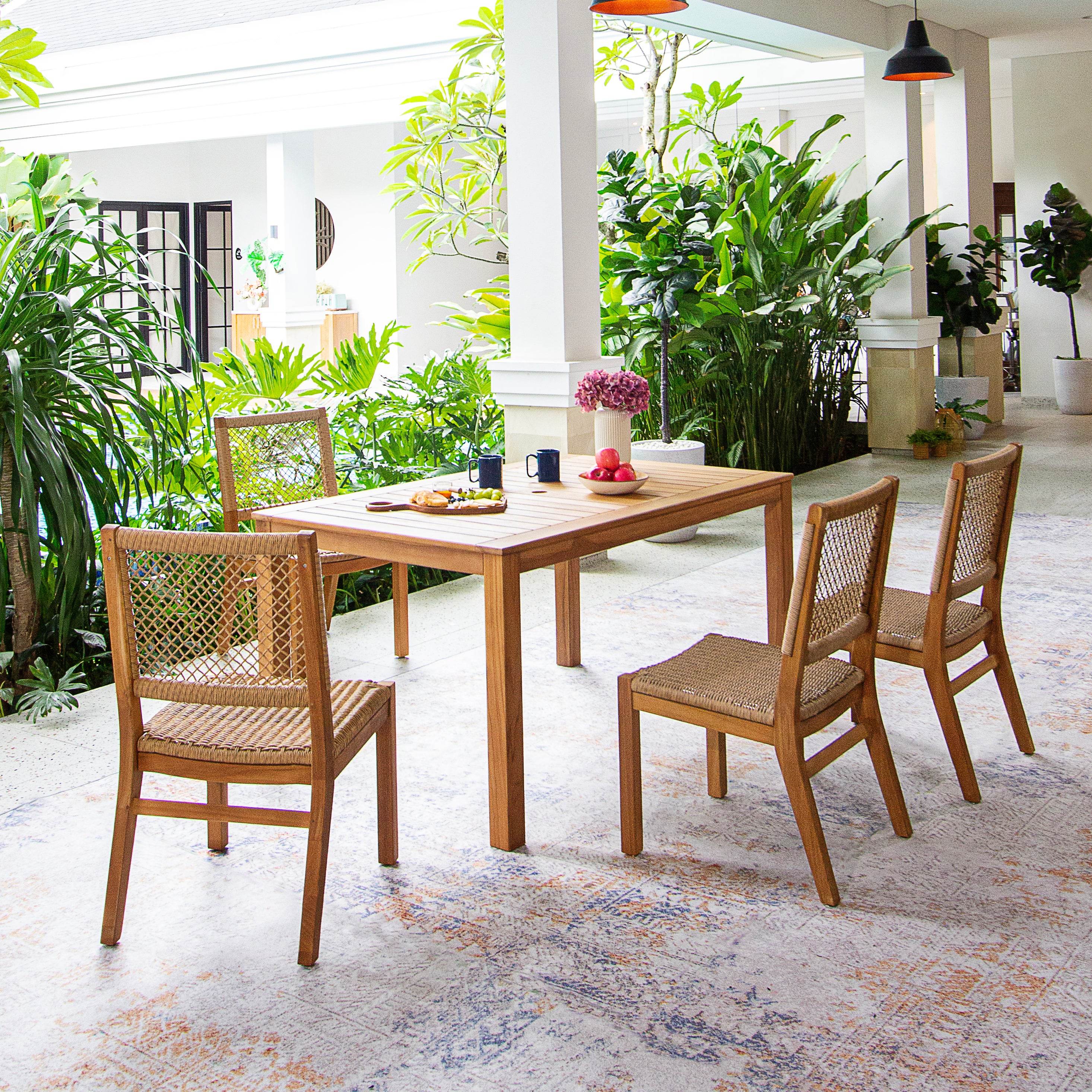 Carmel 5 Piece Teak Wood Outdoor Dining Set with Honey Twist Wicker - Image 3