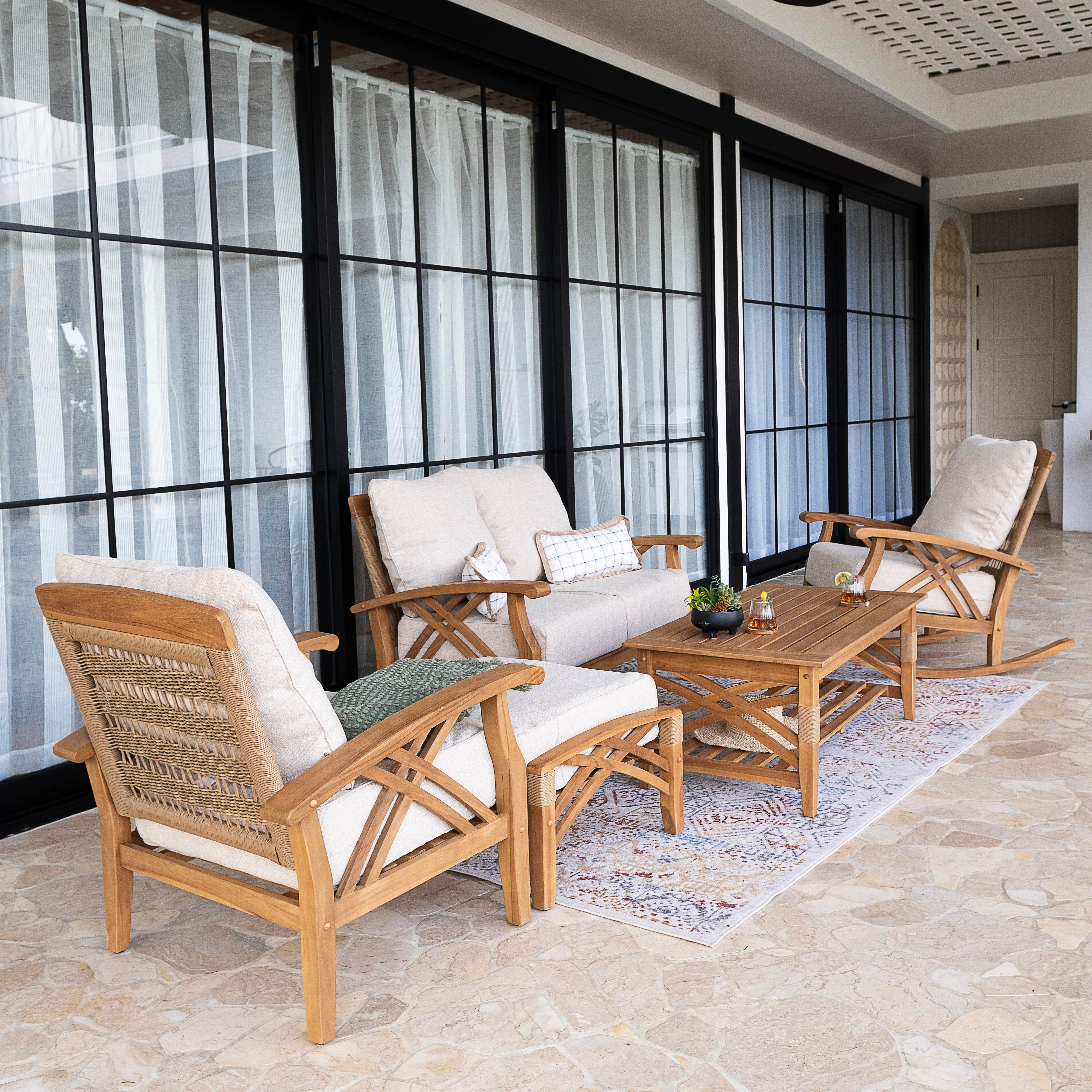 Carmel 5 Piece Teak Wood Patio Conversation Set with Tan Cushion - Image 2