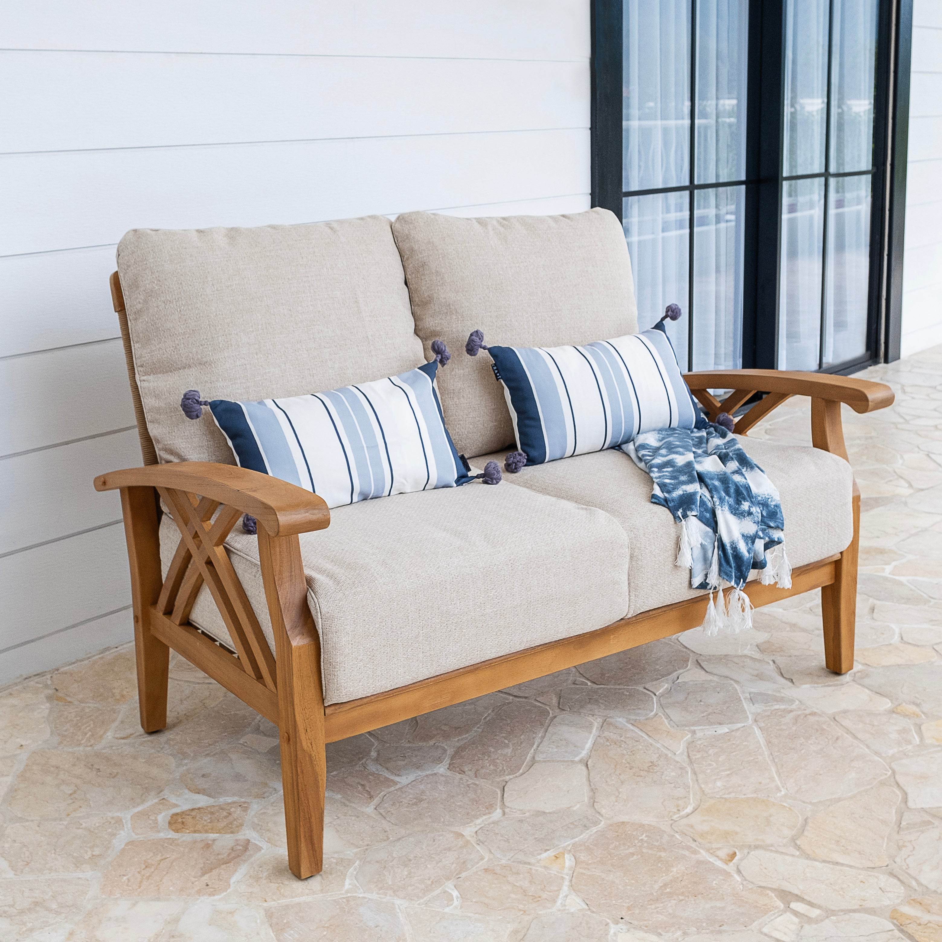 Carmel 5 Piece Teak Wood Patio Conversation Set with Tan Cushion - Image 3