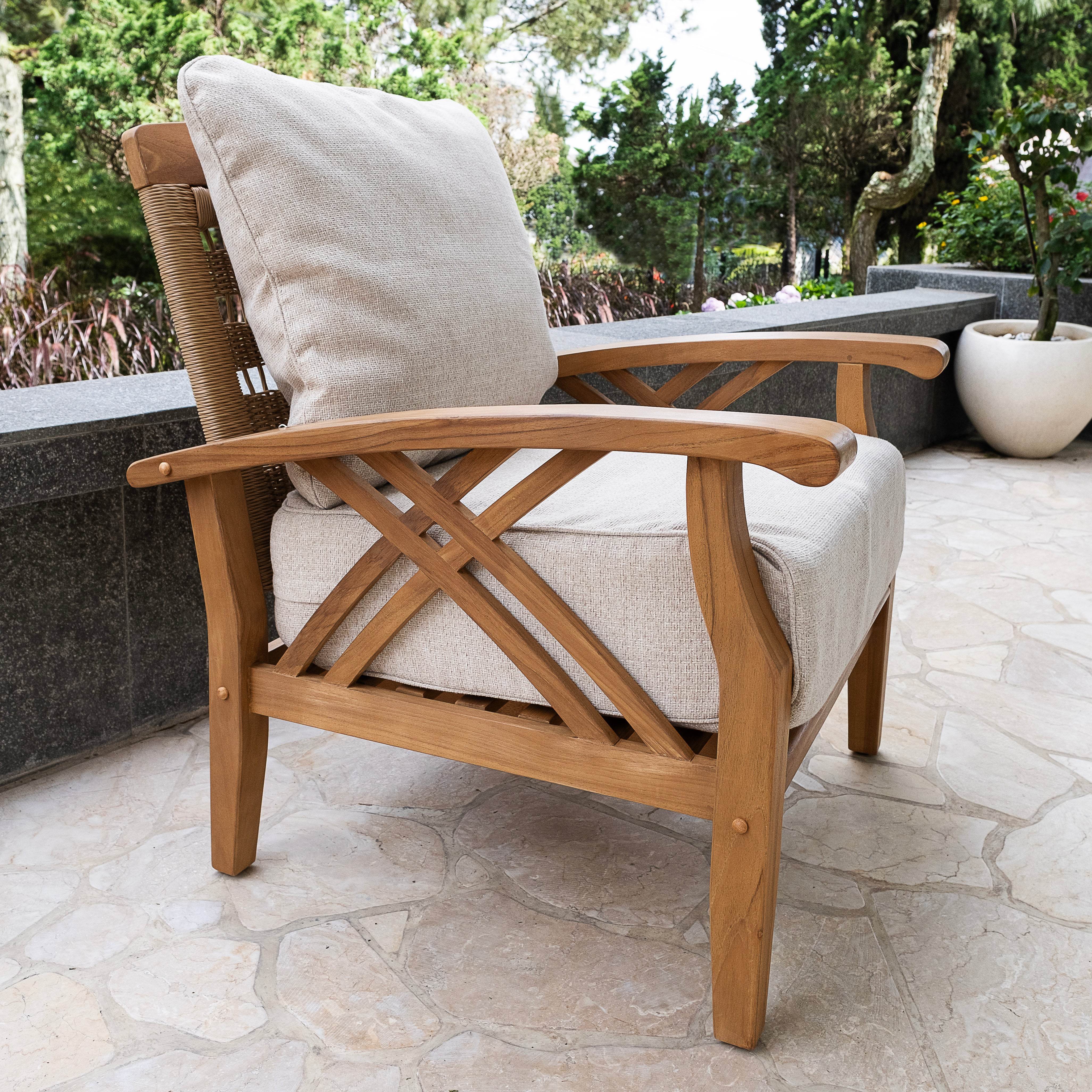 Carmel 5 Piece Teak Wood Patio Conversation Set with Tan Cushion - Image 6