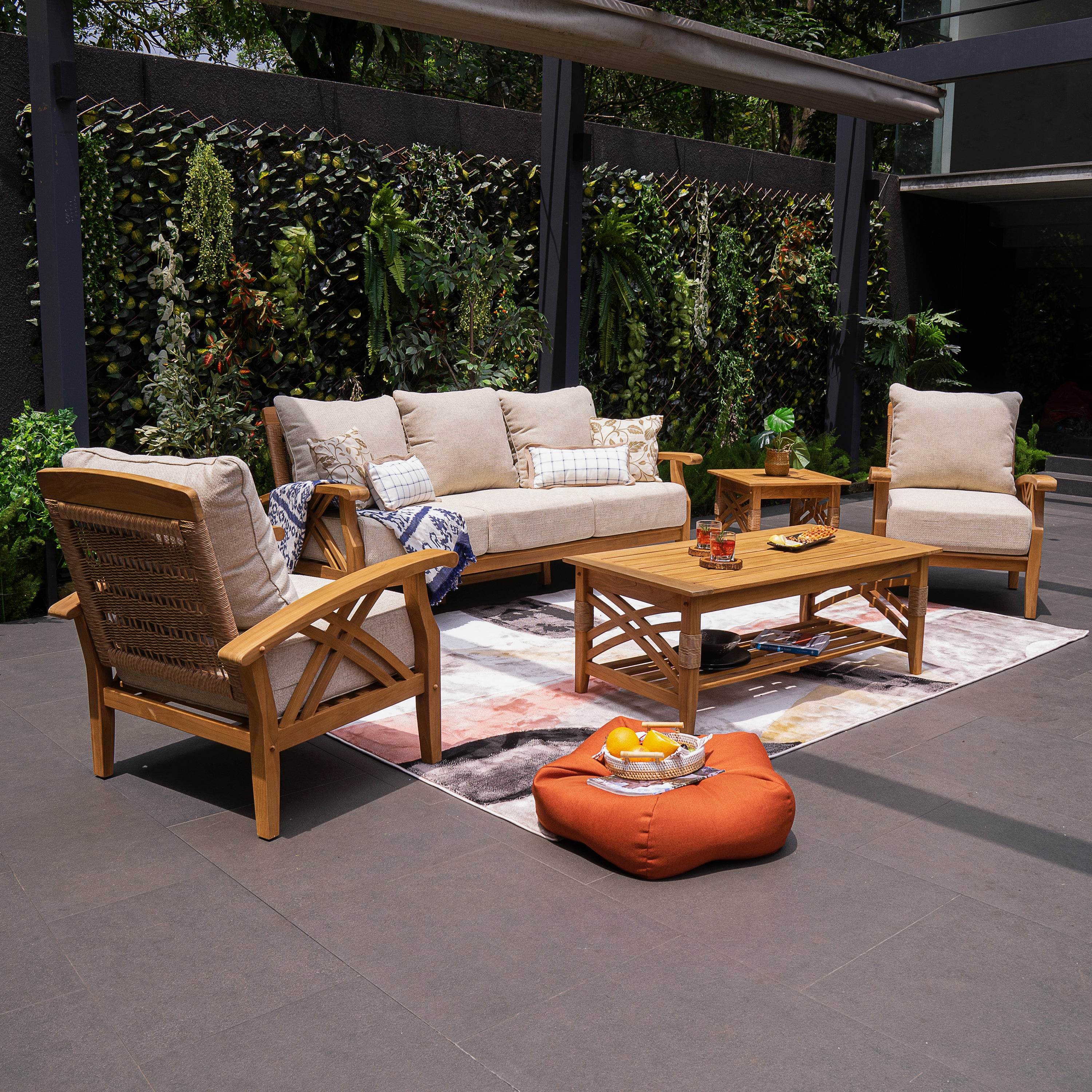 Carmel 5 Pieces Teak Wood Patio Conversation Set with Tan Cushion - Image 3