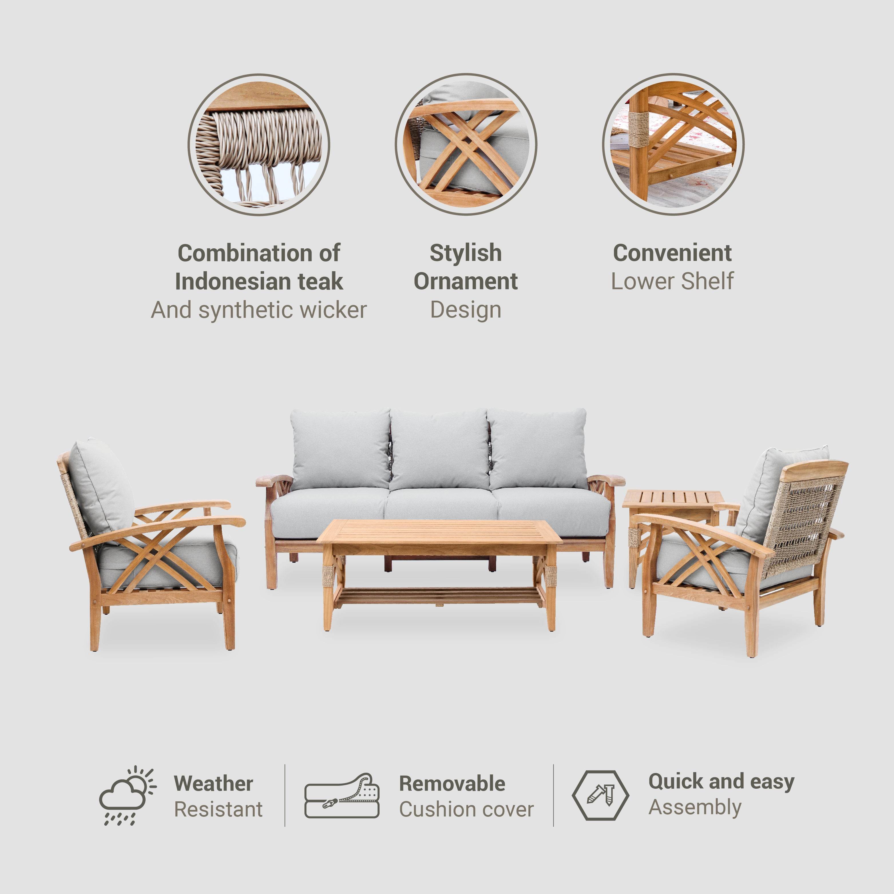 Carmel 5 Pieces Teak Wood Patio Conversation Set with Tan Cushion - Image 4