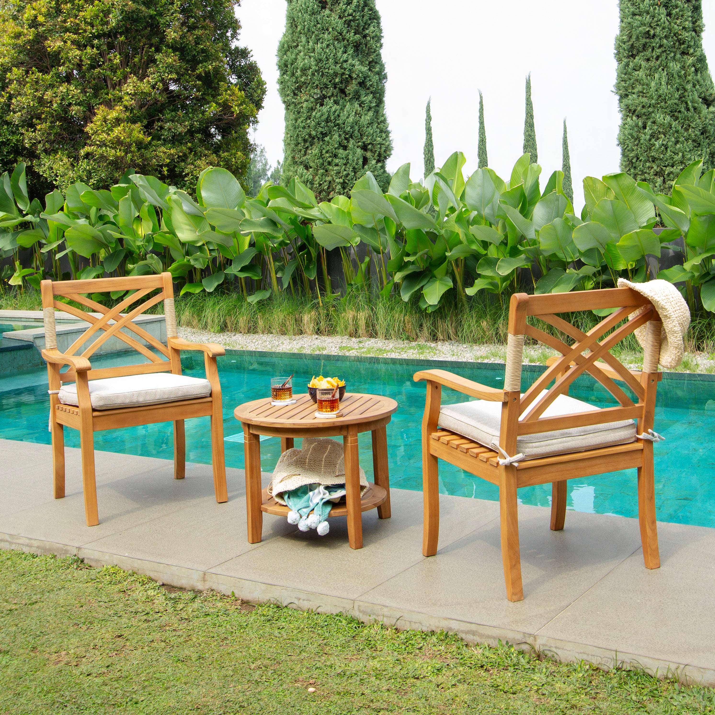 Carmel Teak Wood 3 Piece Outdoor Bistro Set with Tan Seatpad - Image 2